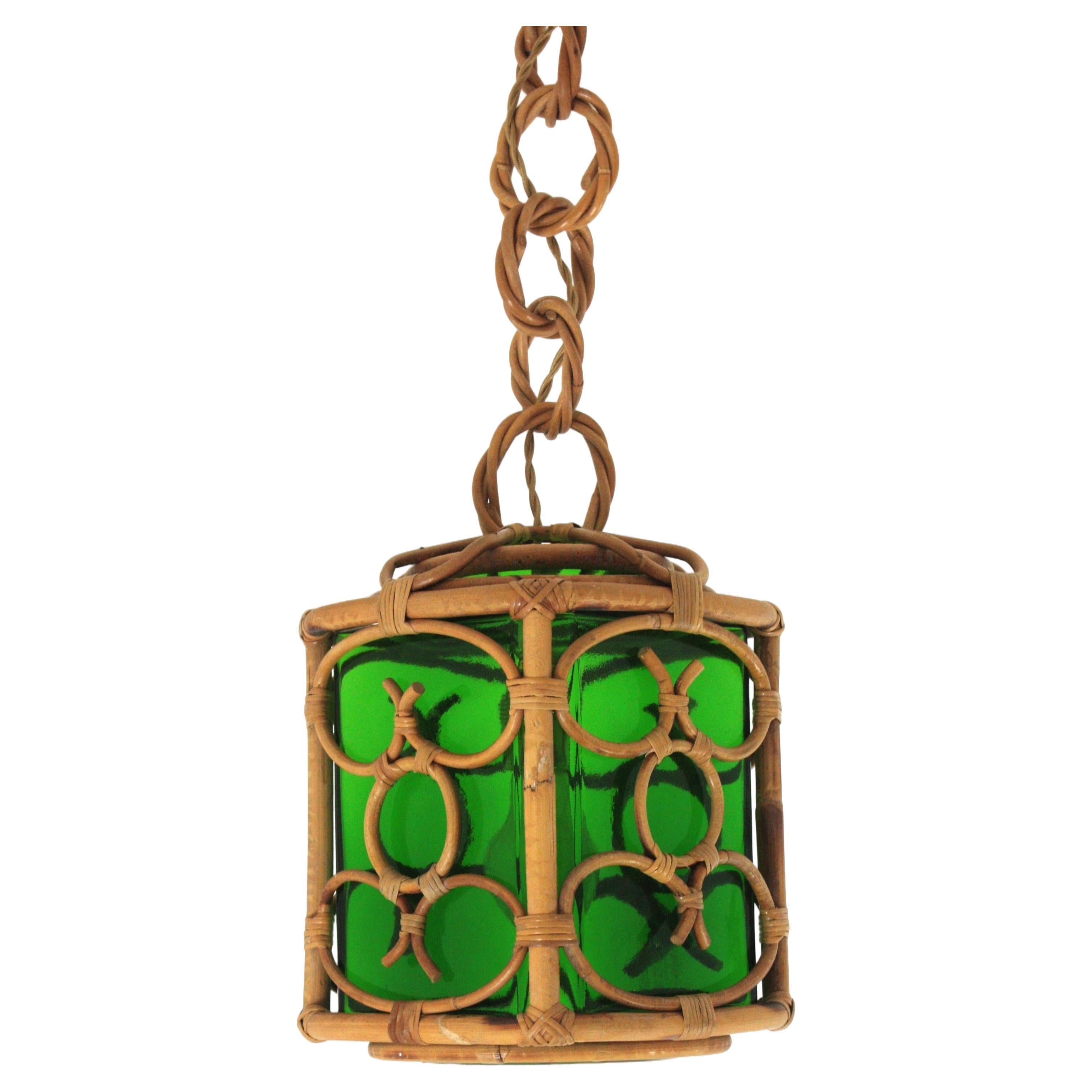 French Rattan Pendant Lantern with Green Glass Lampshade and Chinoiserie Design For Sale