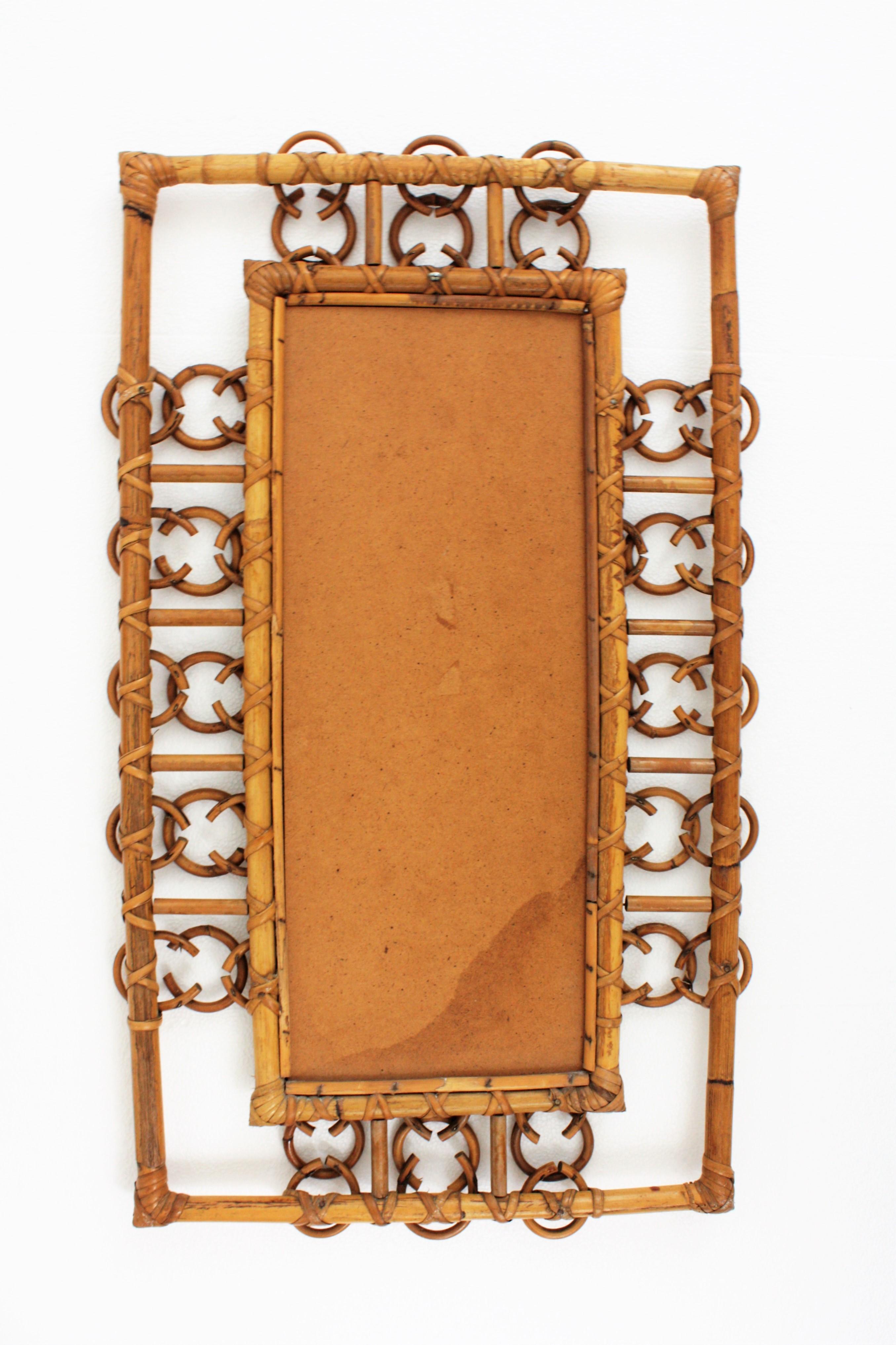 French Rattan Rectangular Mirror with Ring Details, 1950s For Sale 2