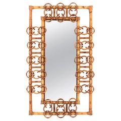 French Rattan Rectangular Mirror with Ring Details, 1950s