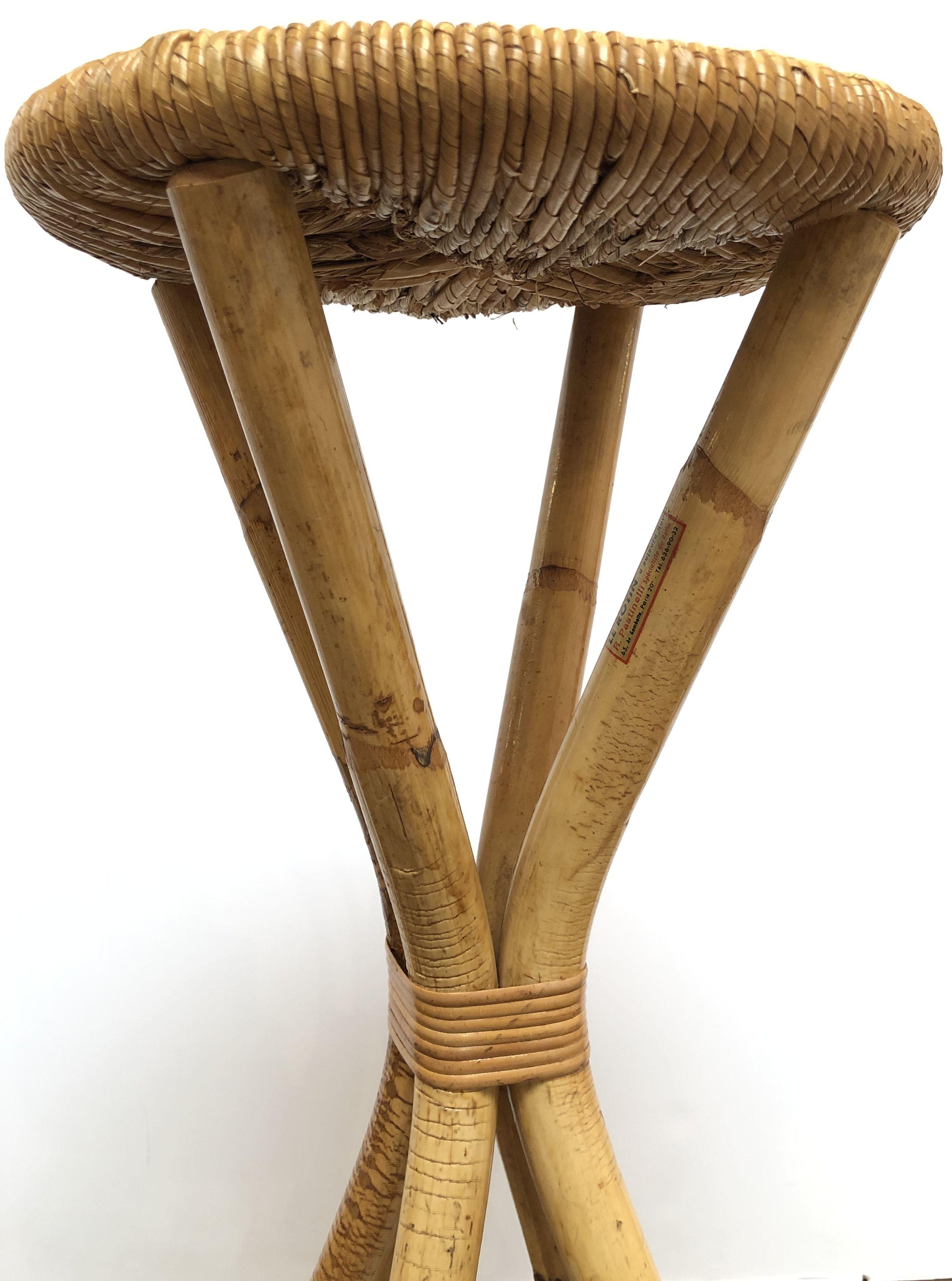 French Rattan Stool with Rush Seat by Le Rotin 8