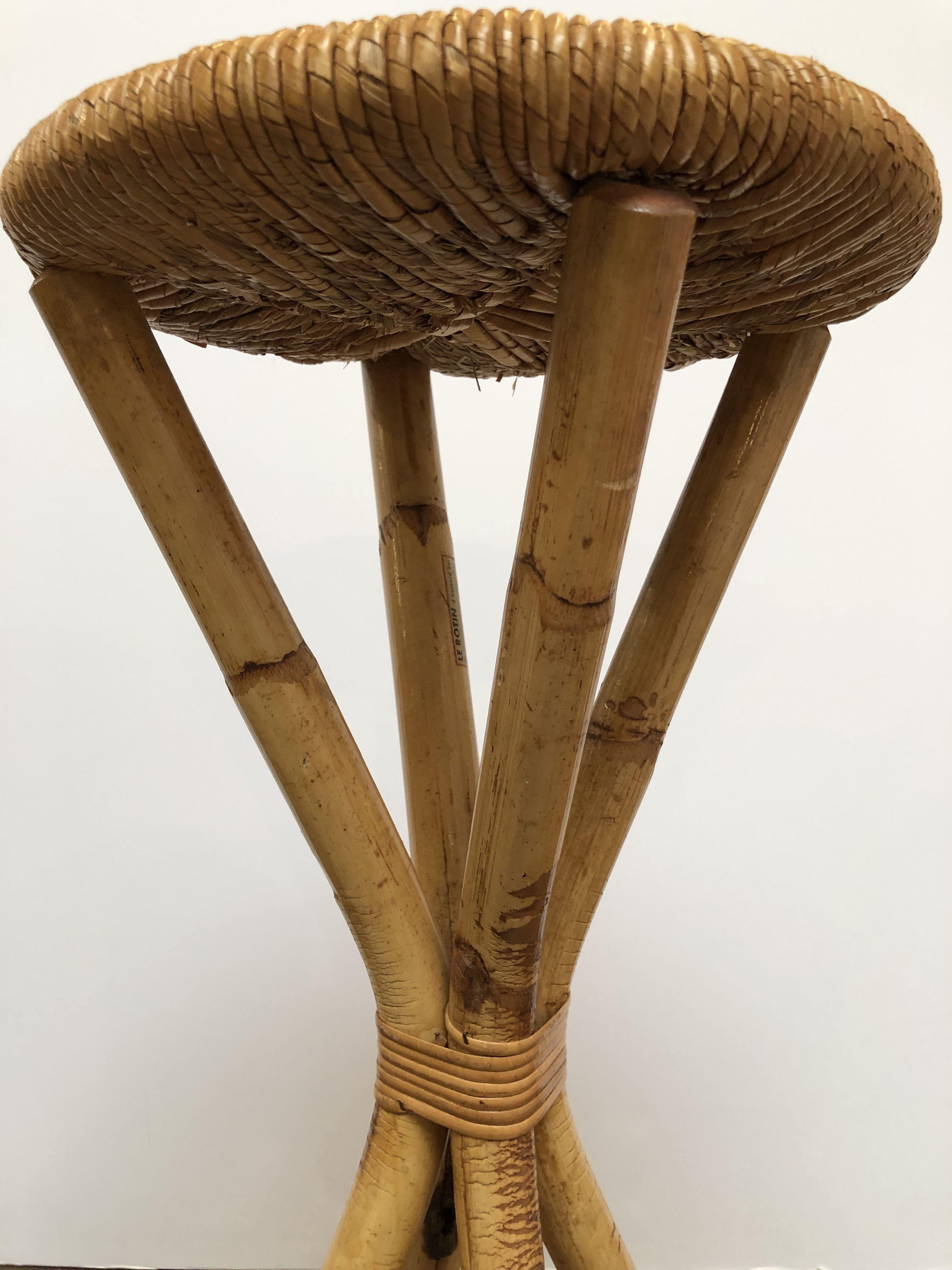 French Rattan Stool with Rush Seat by Le Rotin 9