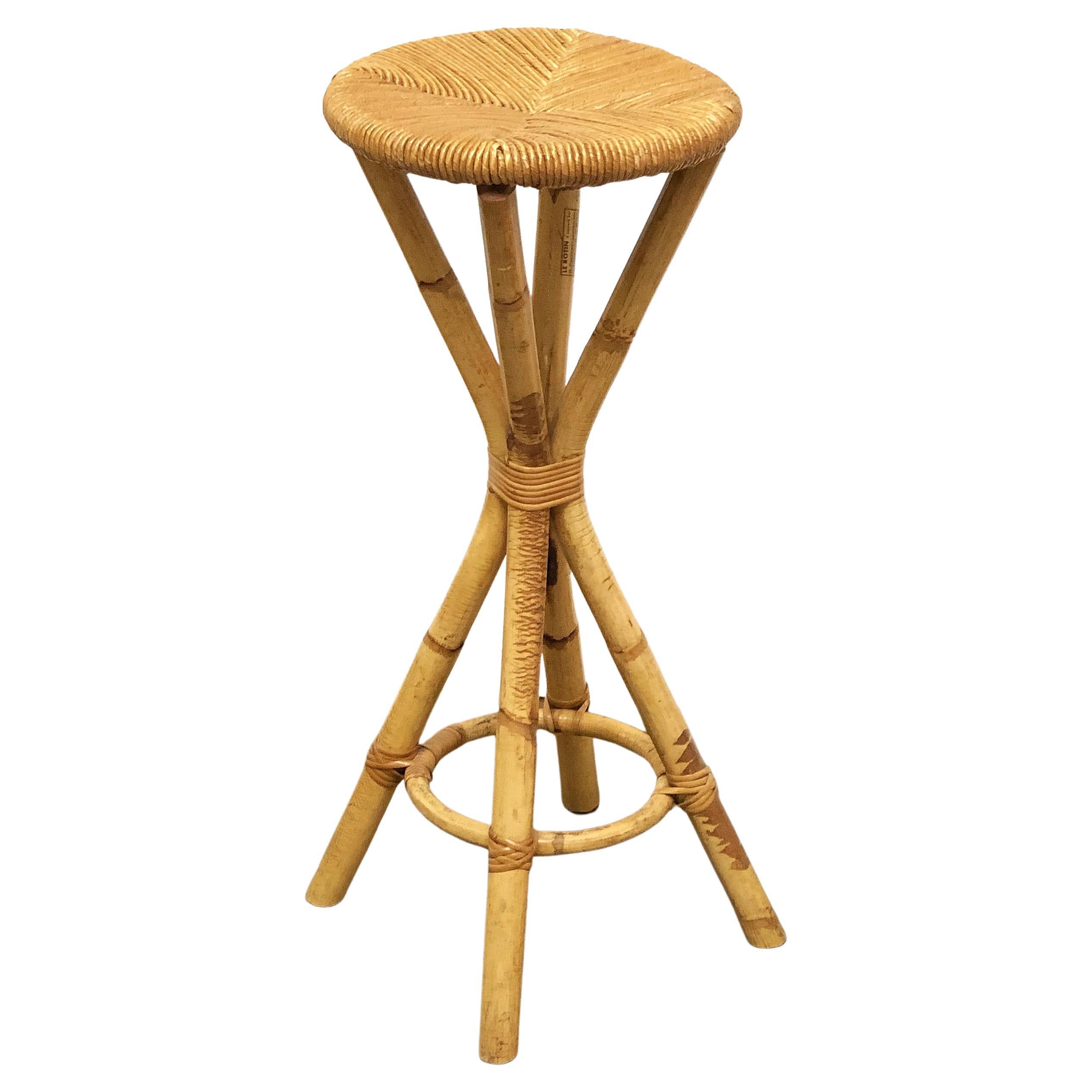 French Rattan Stool with Rush Seat by Le Rotin
