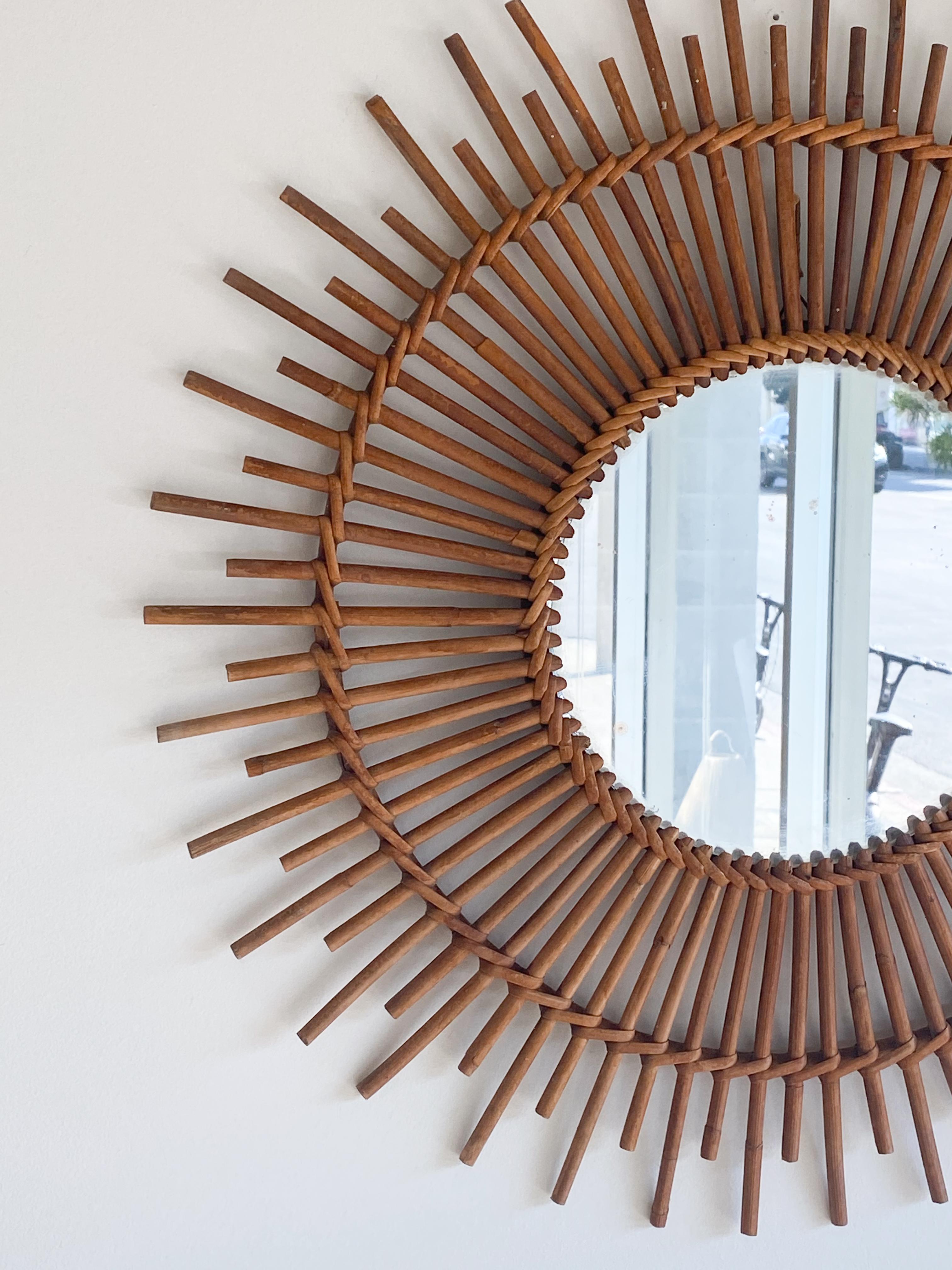 French Rattan Sunburst Mirror In Good Condition In Los Angeles, CA