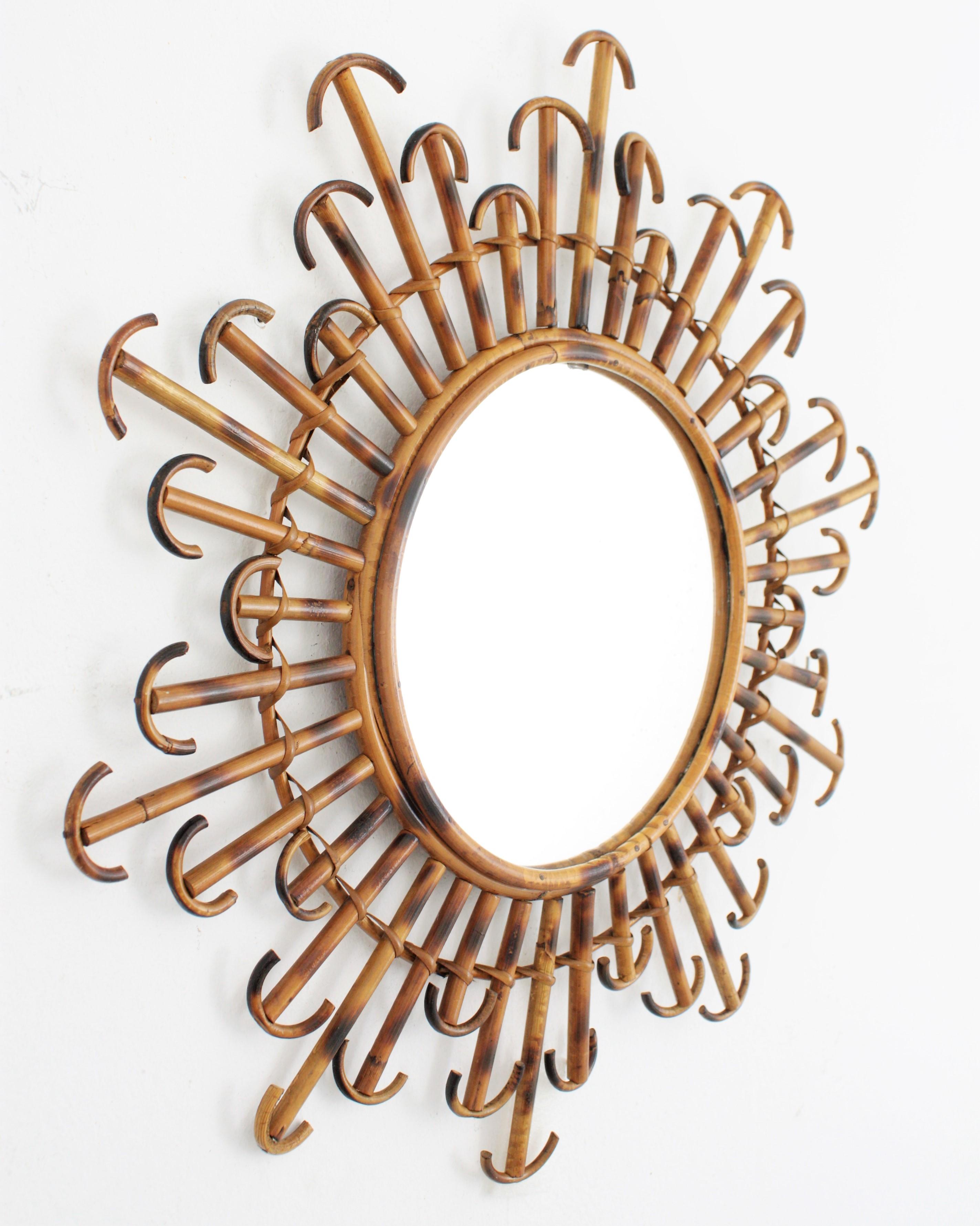 Hand-Crafted French Rattan Wicker Sunburst Mirror with Curved Endings, 1950s