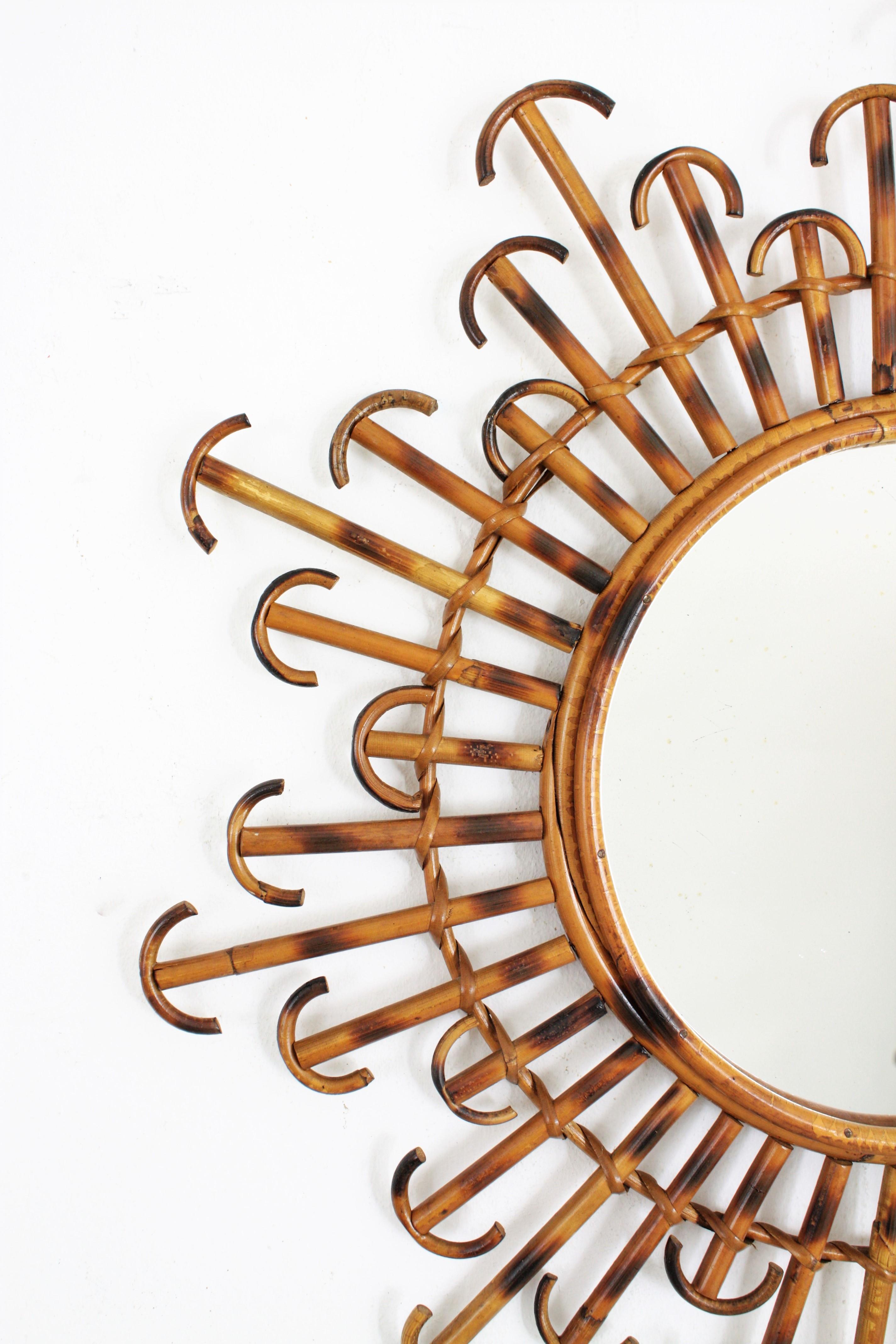 20th Century French Rattan Wicker Sunburst Mirror with Curved Endings, 1950s