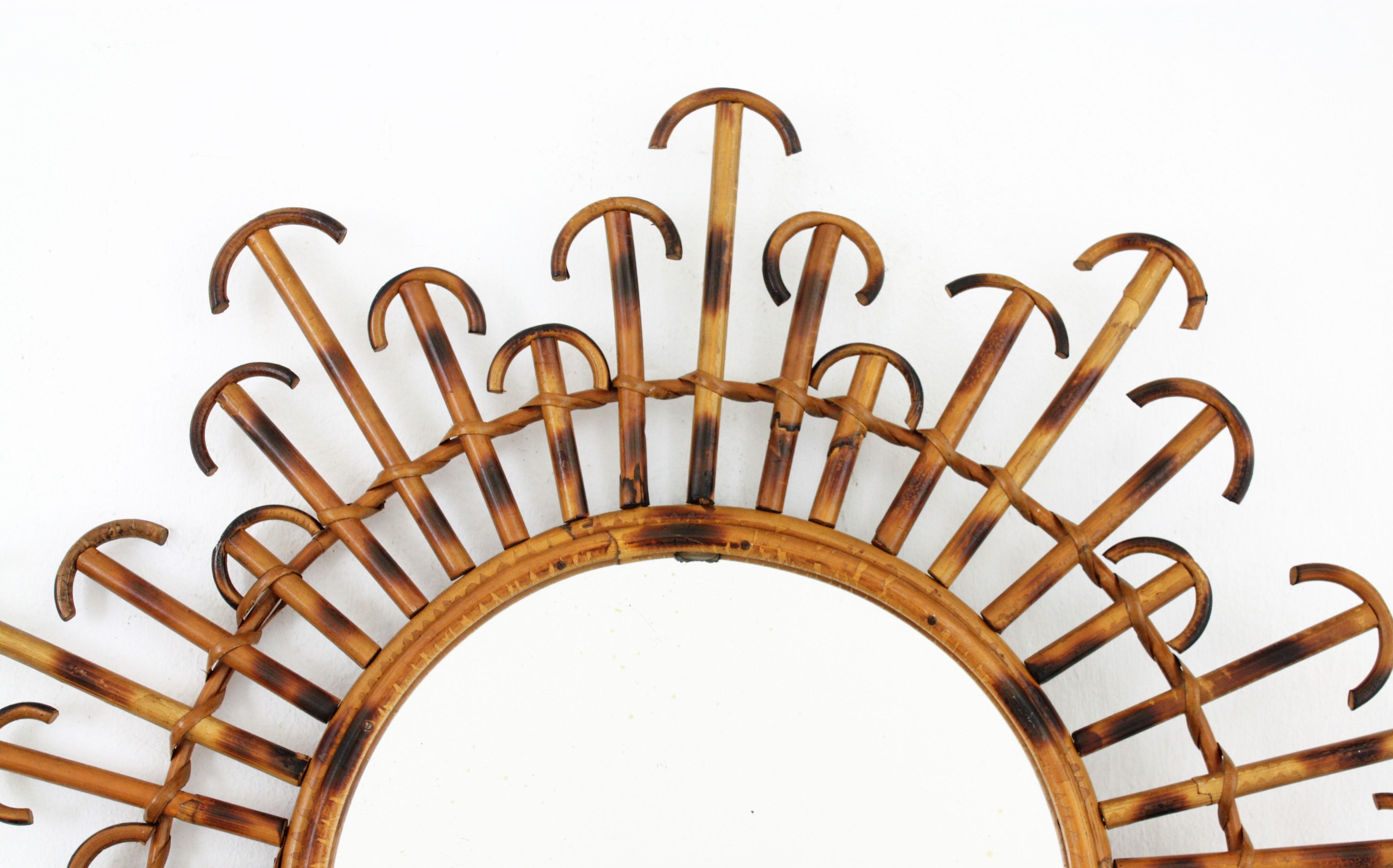 French Rattan Wicker Sunburst Mirror with Curved Endings, 1950s 2