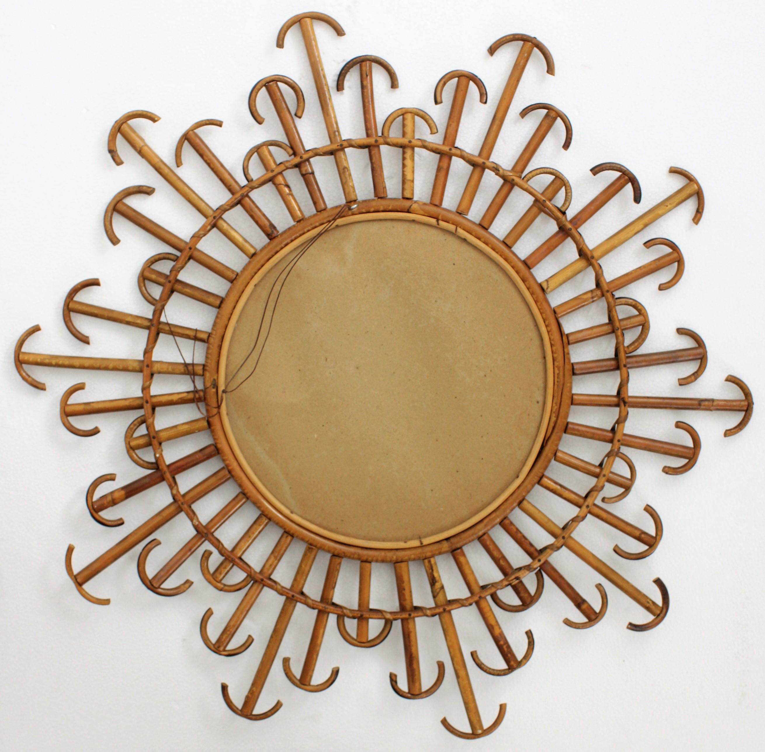 French Rattan Wicker Sunburst Mirror with Curved Endings, 1950s 3