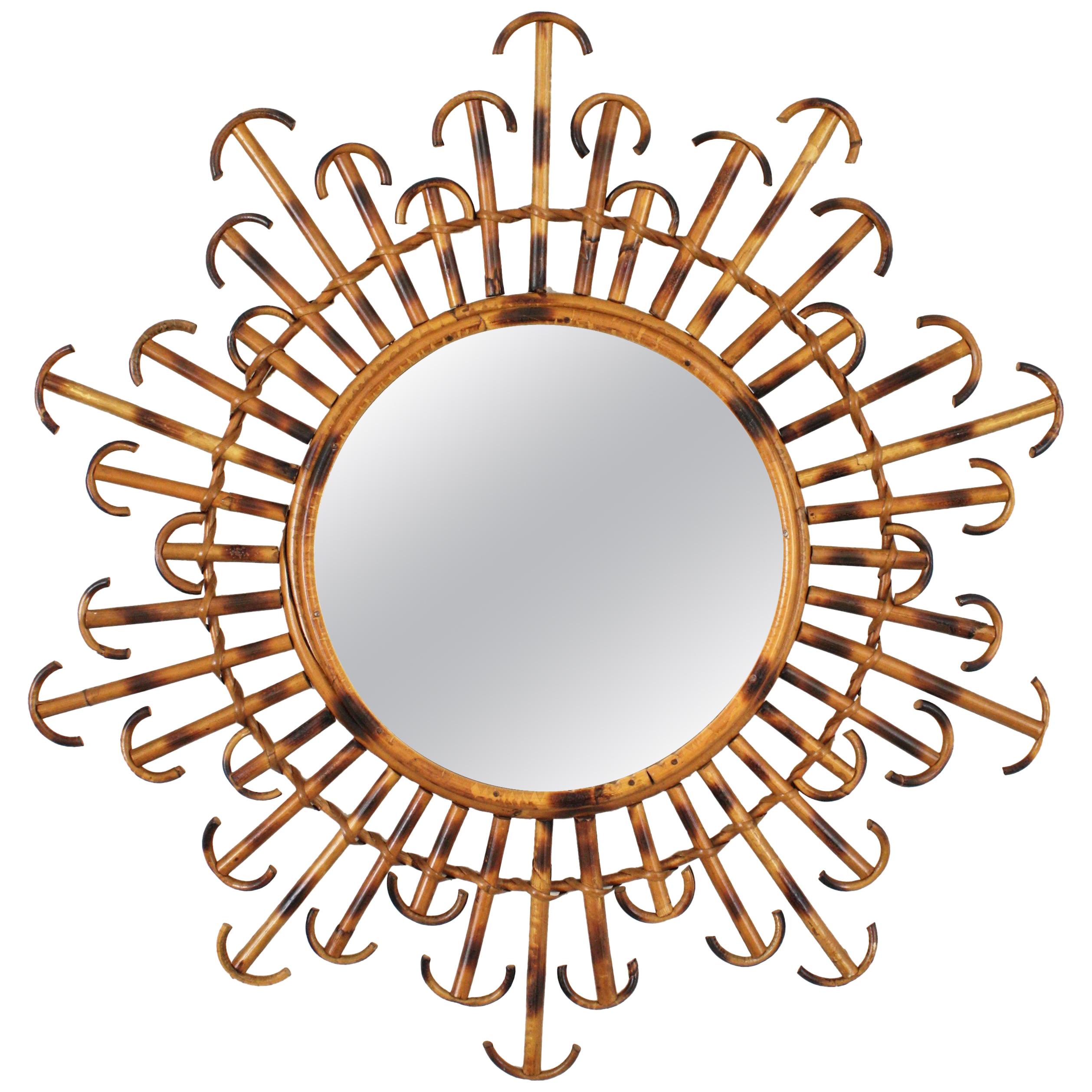 French Rattan Wicker Sunburst Mirror with Curved Endings, 1950s