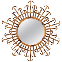 French Rattan Wicker Sunburst Mirror with Curved Endings, 1950s