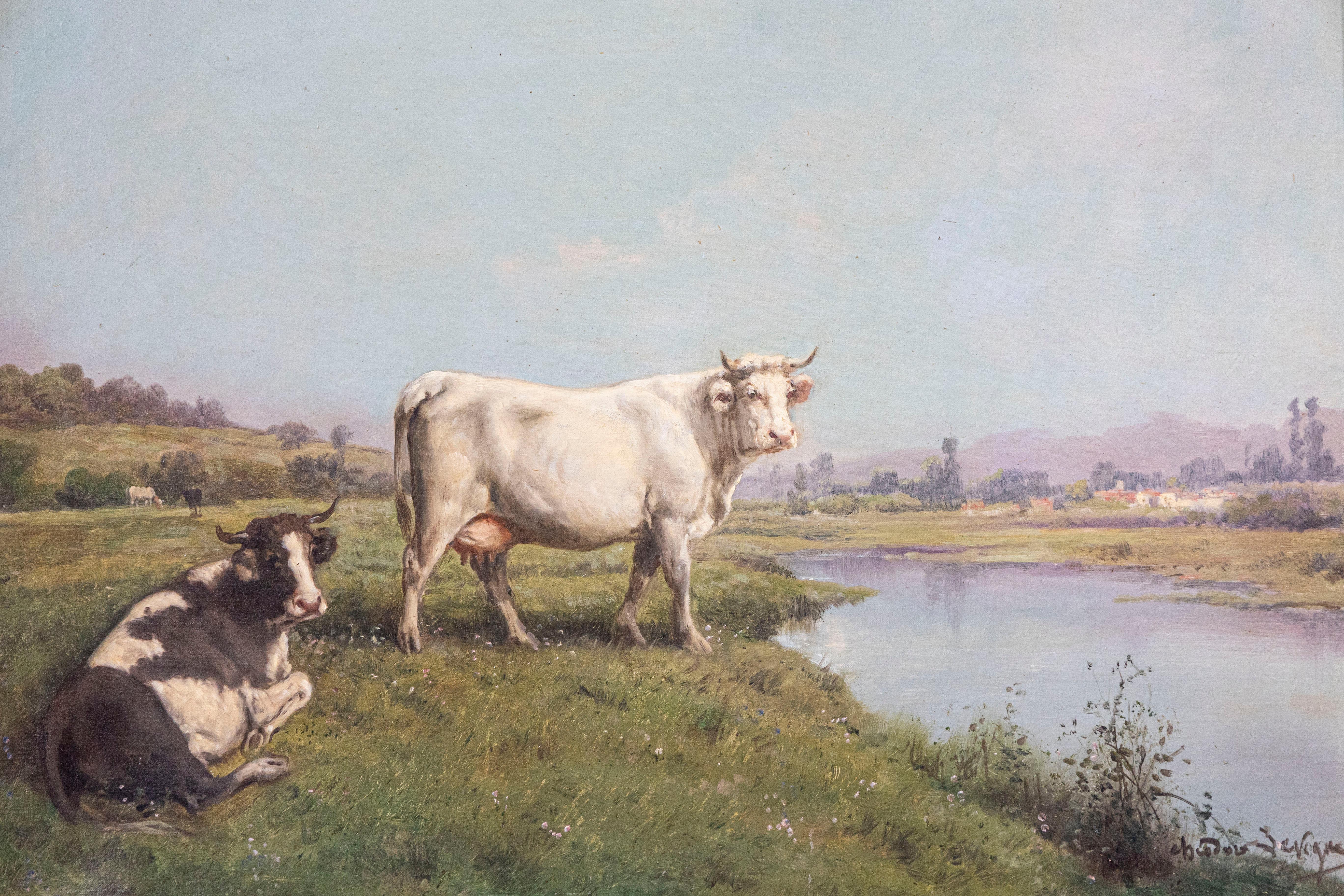 Francese Quadro realista francese a olio su tela con mucca firmato da Théodore Levigne, 1880 circa in vendita