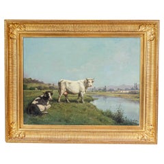 Pintura realista francesa al óleo sobre lienzo Vaca firmada por Théodore Levigne, hacia 1880