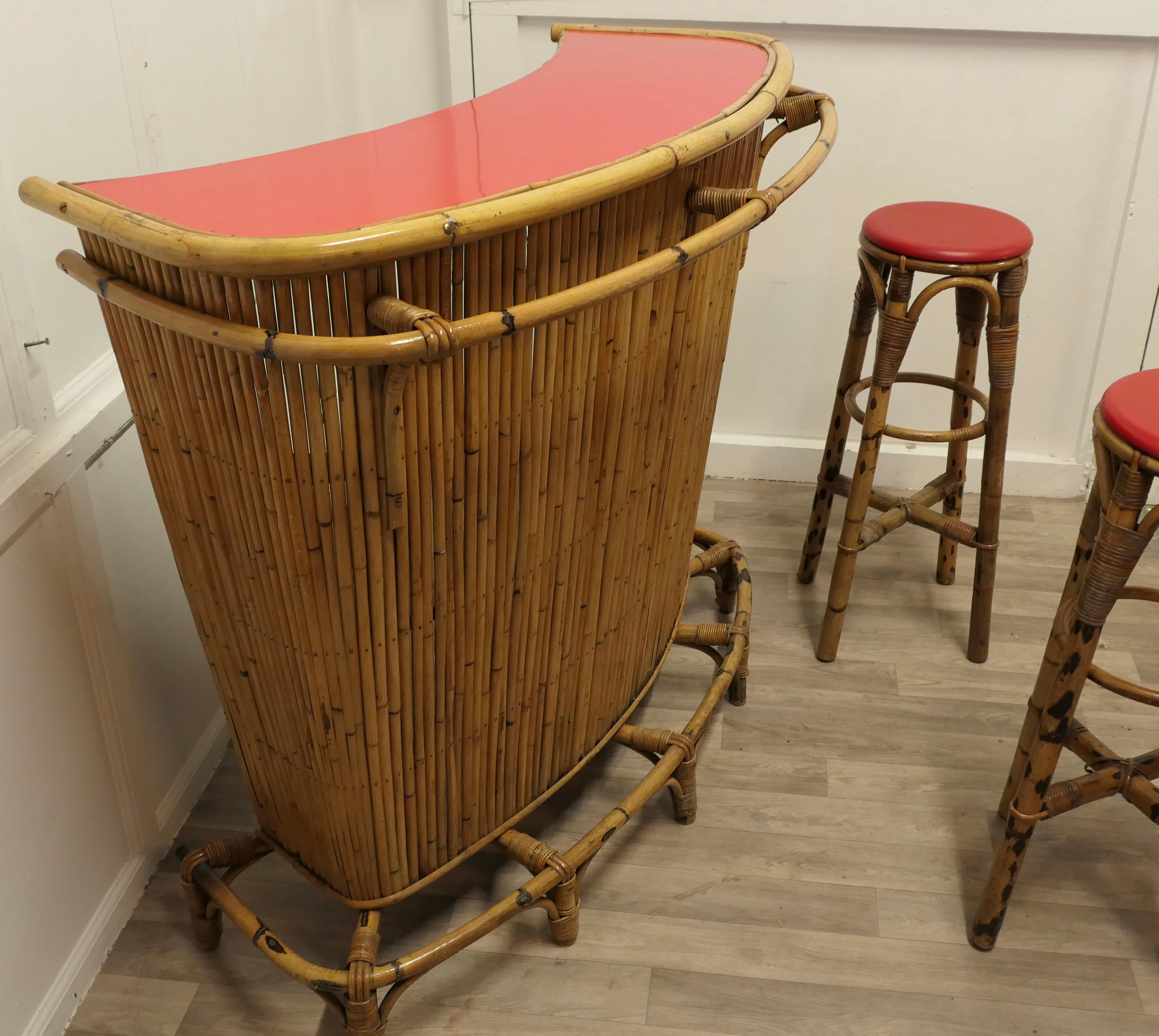 Mid-20th Century French Reception Greeting Tiki Bar with Stools