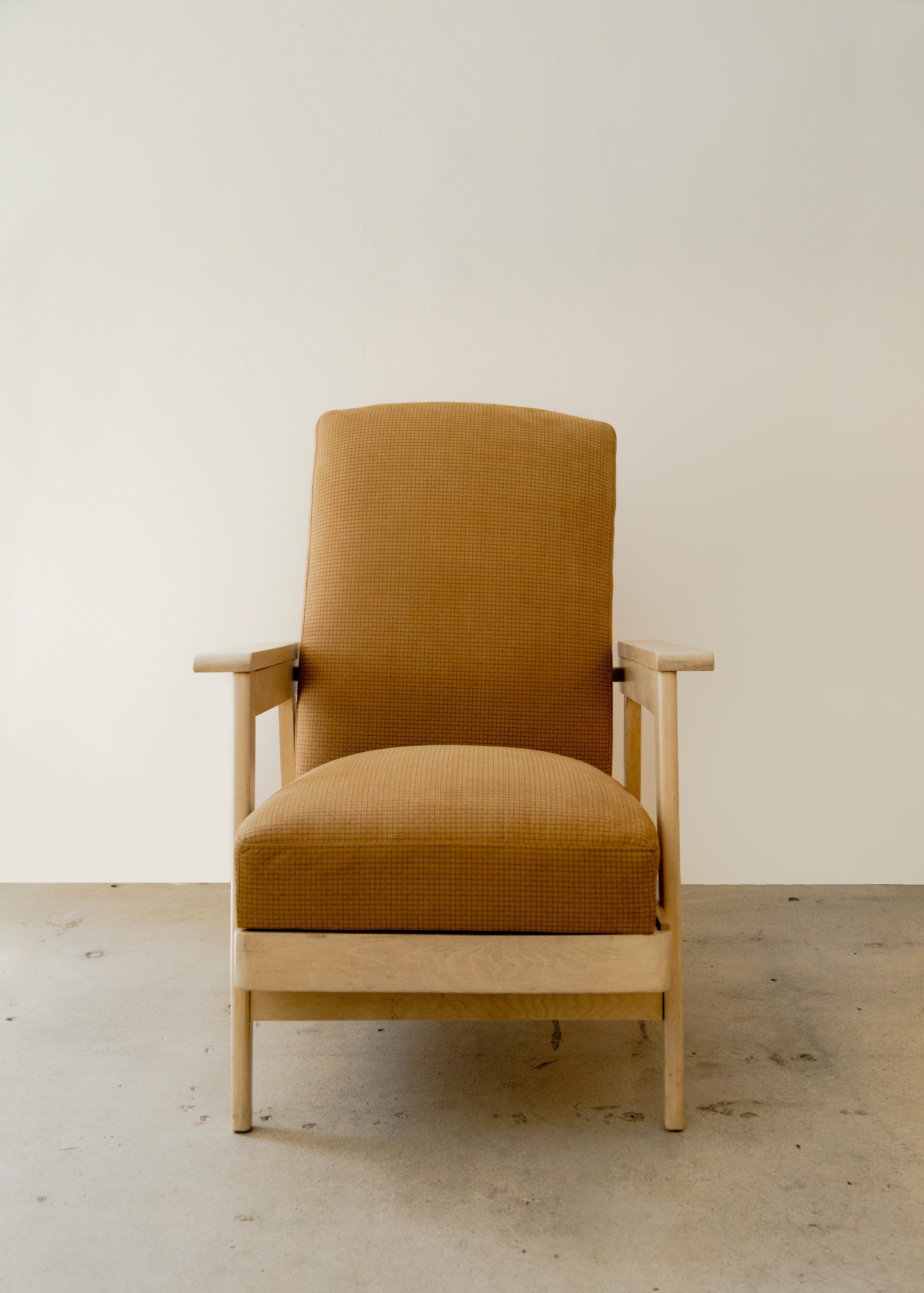 Reclining lounge chair with fold-out ottoman, newly upholstered, frame in bleached ash, France, circa 1950's.