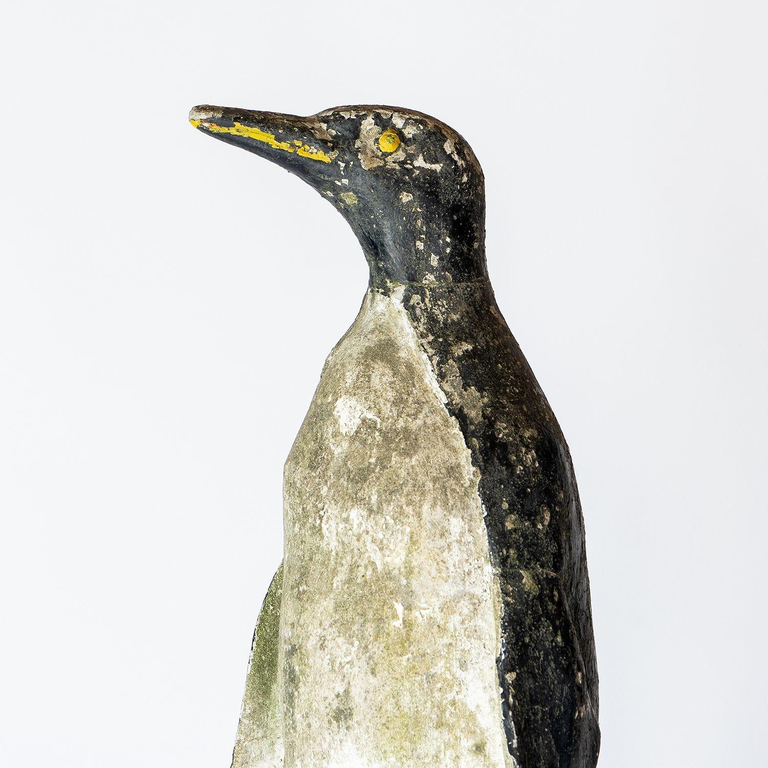 Hand-Painted Vintage French Reconstituted Stone Penguin Garden Statue Figure c. 1930s