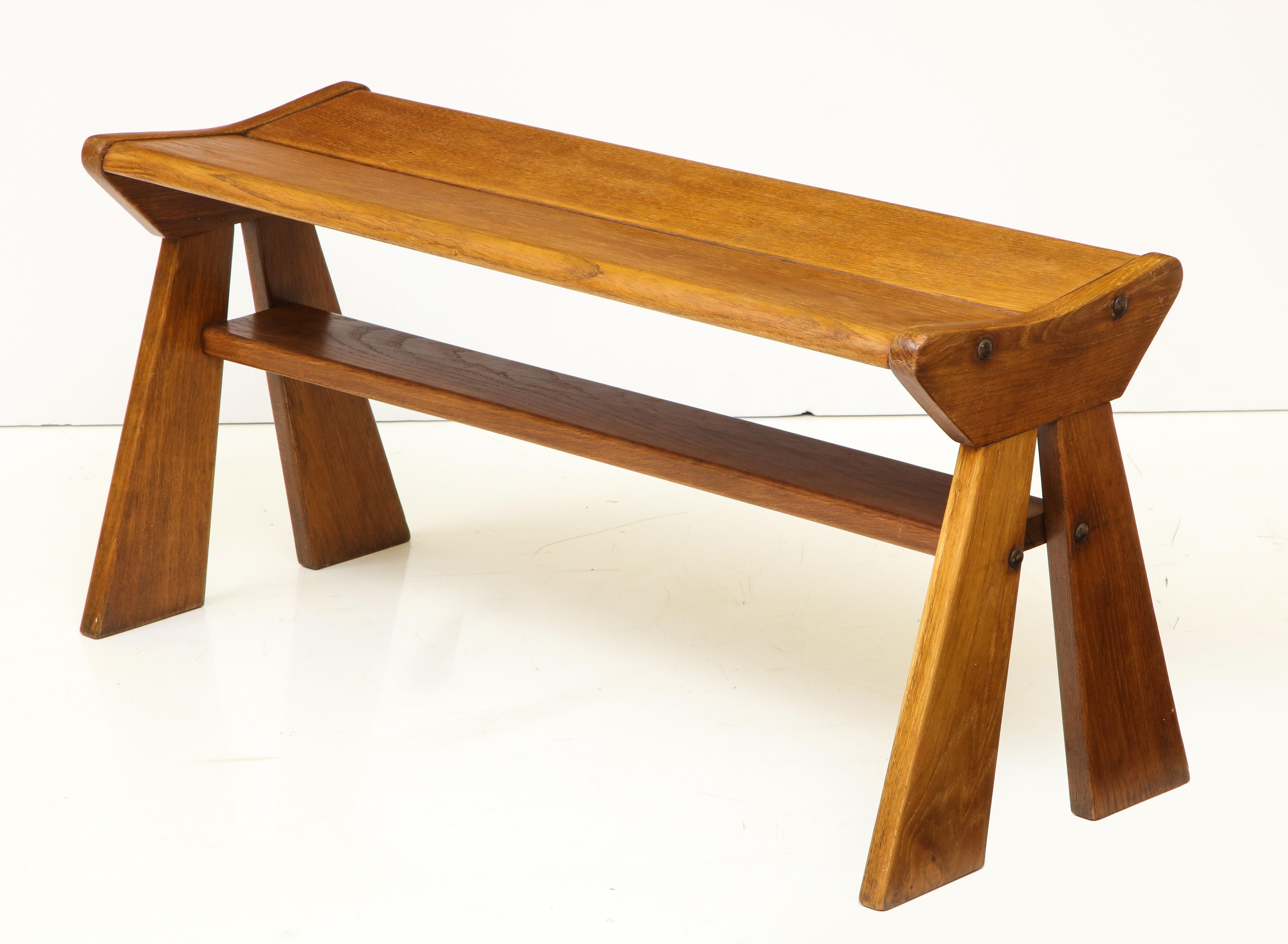 French Reconstruction Era Solid Oak Compact Bench, France, 1940s 4