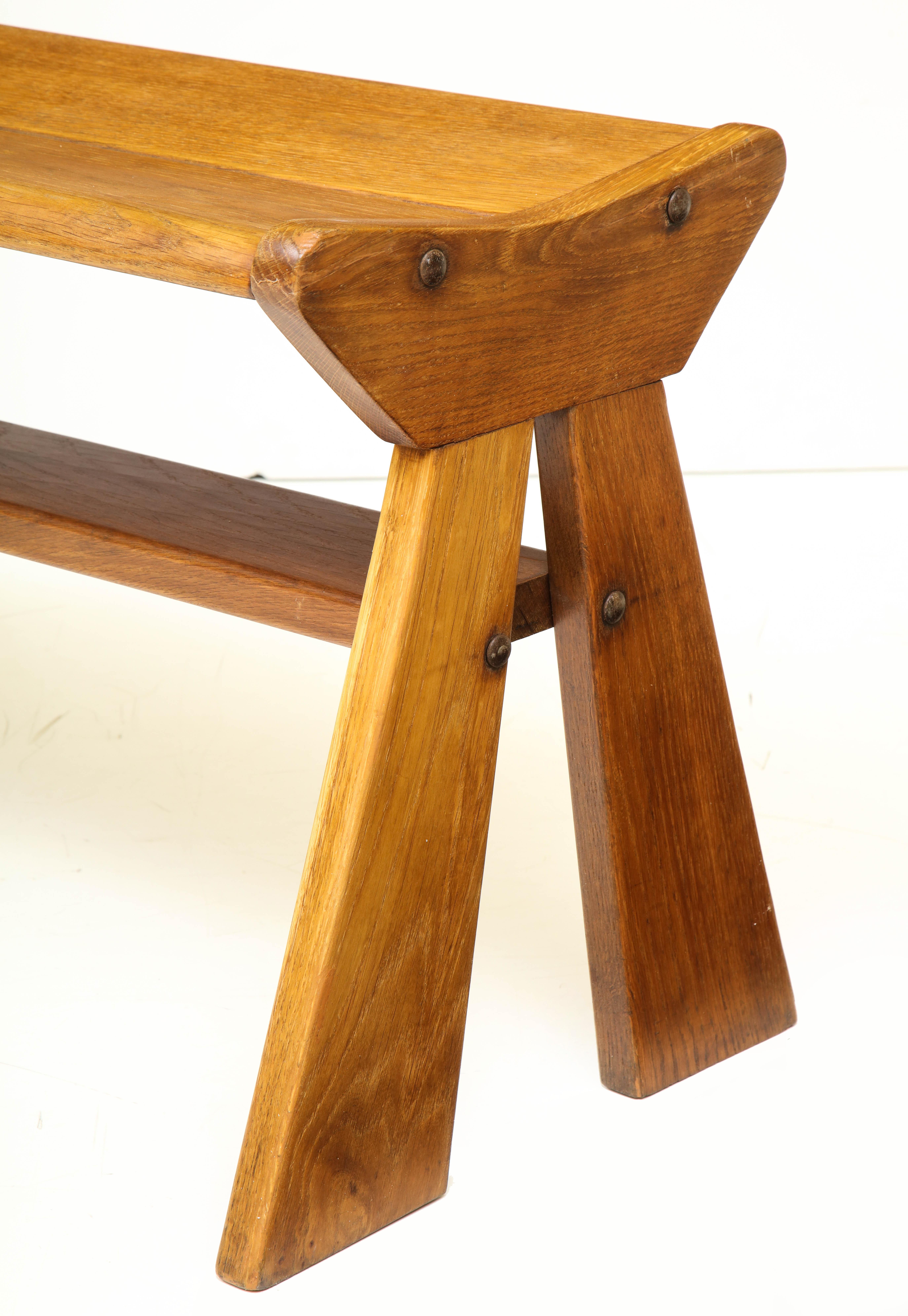 French Reconstruction Era Solid Oak Compact Bench, France, 1940s 5