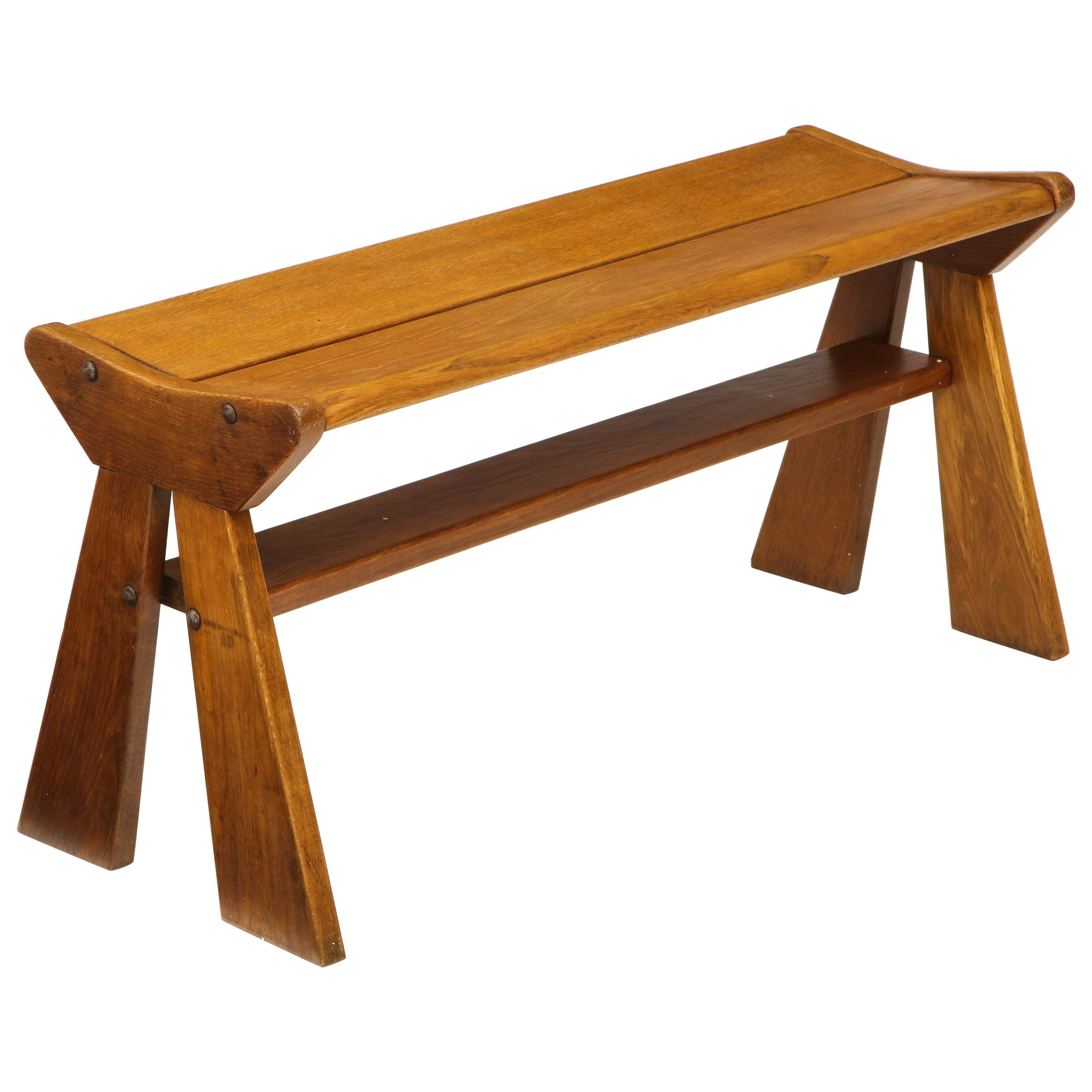 French Reconstruction Era Solid Oak Compact Bench, France, 1940s