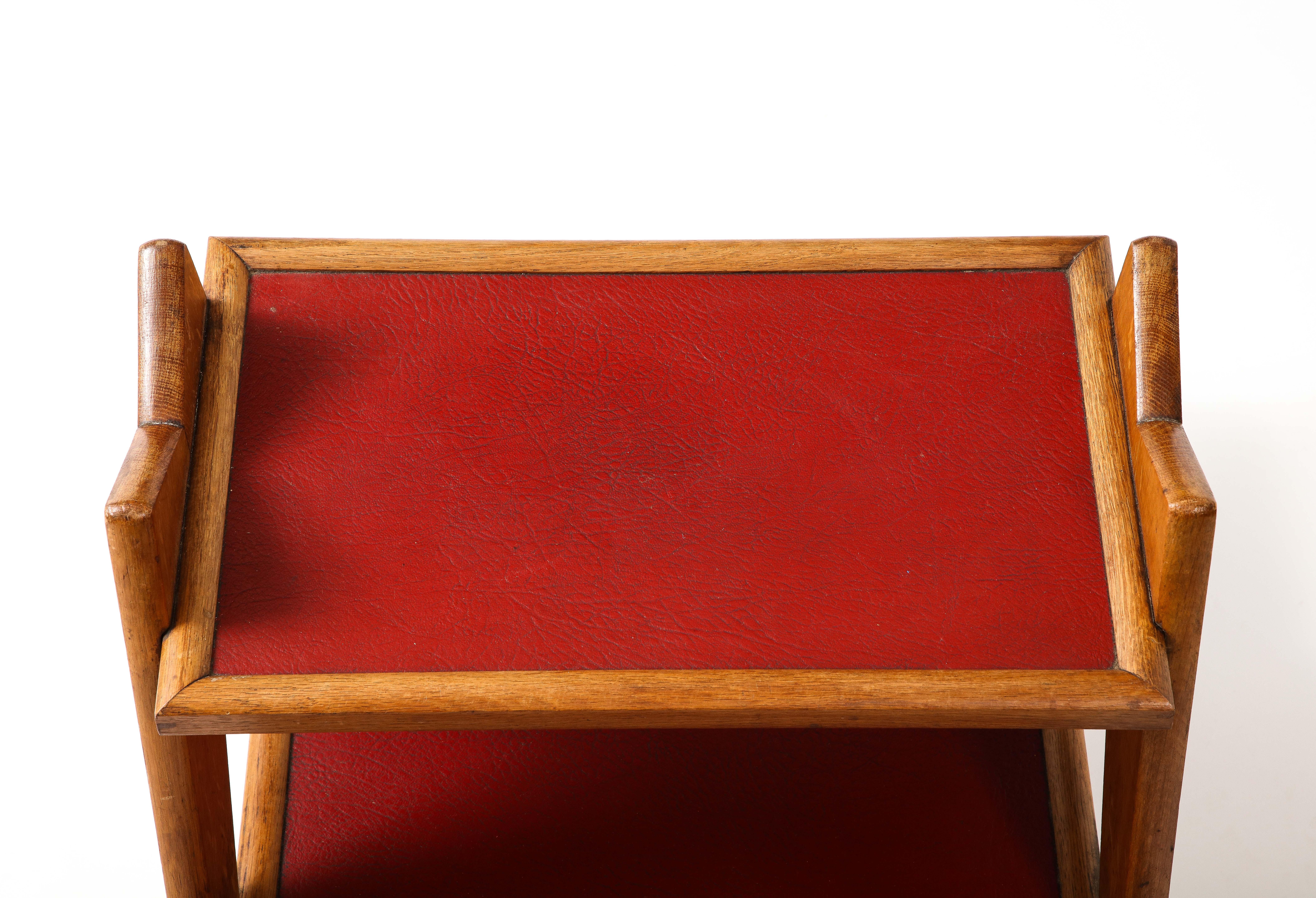 French Reconstruction Era Solid Oak & Red Moleskine Tray Table - France 1950's For Sale 6