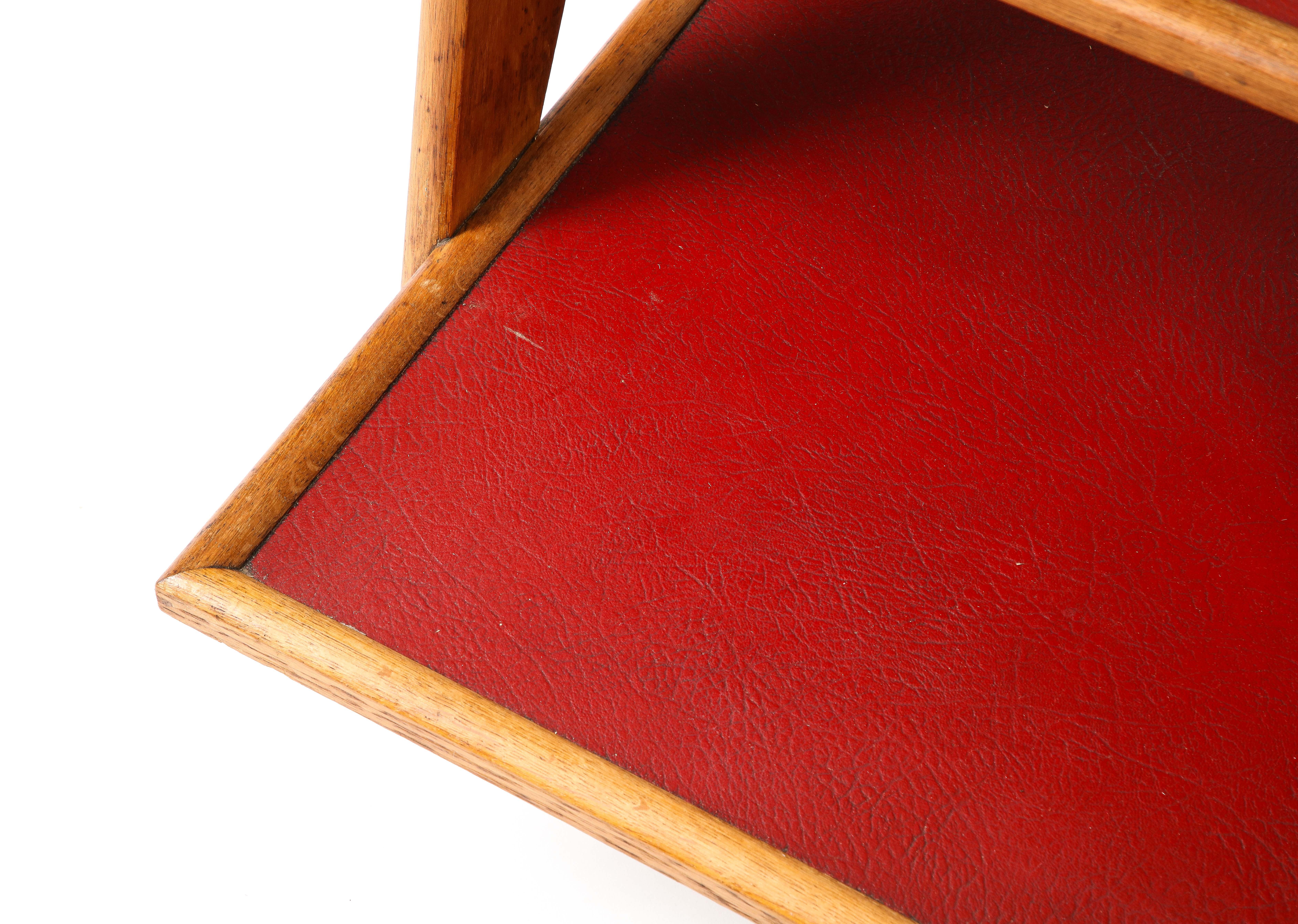 Faux Leather French Reconstruction Era Solid Oak & Red Moleskine Tray Table - France 1950's For Sale