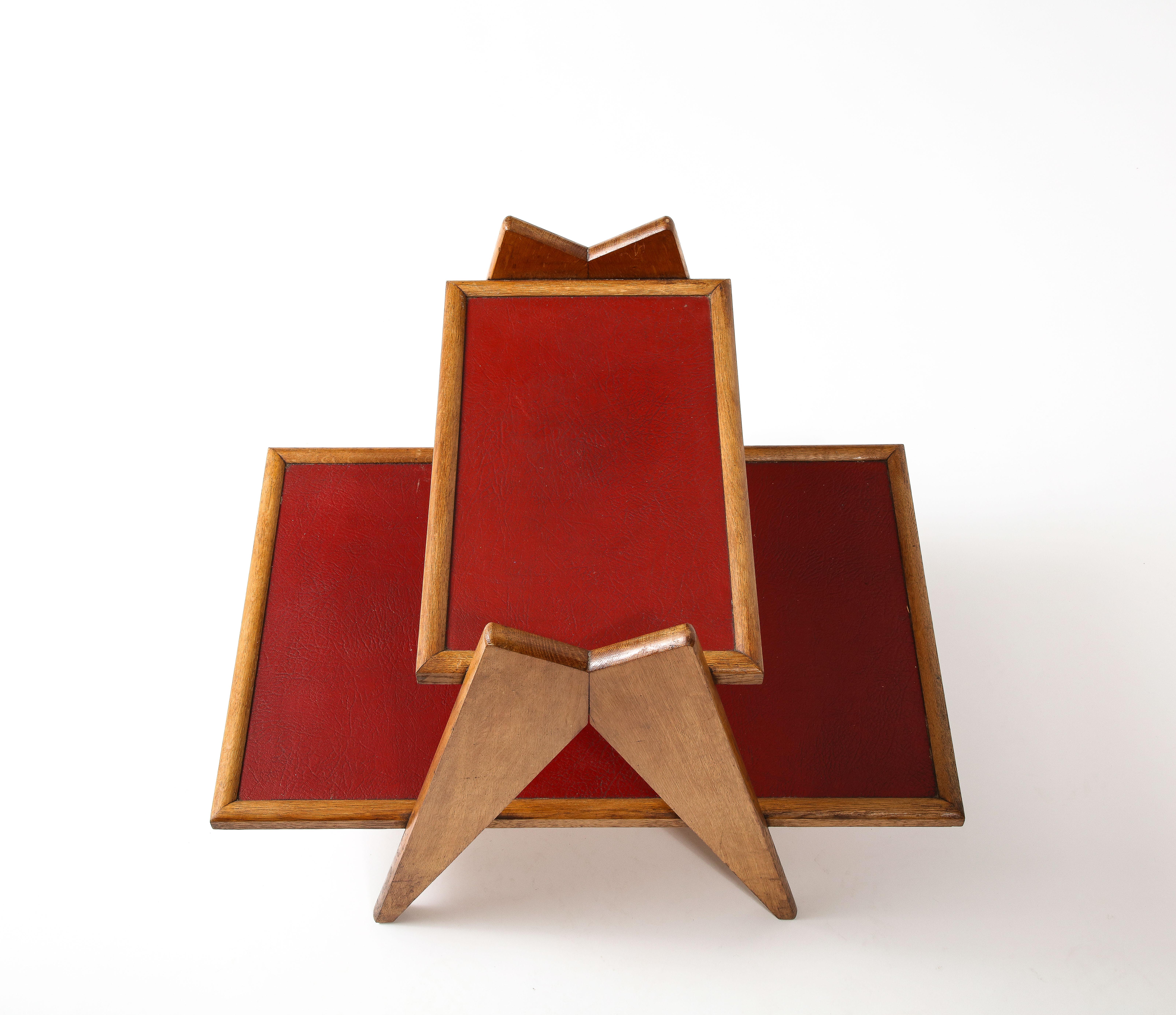 French Reconstruction Era Solid Oak & Red Moleskine Tray Table - France 1950's For Sale 1