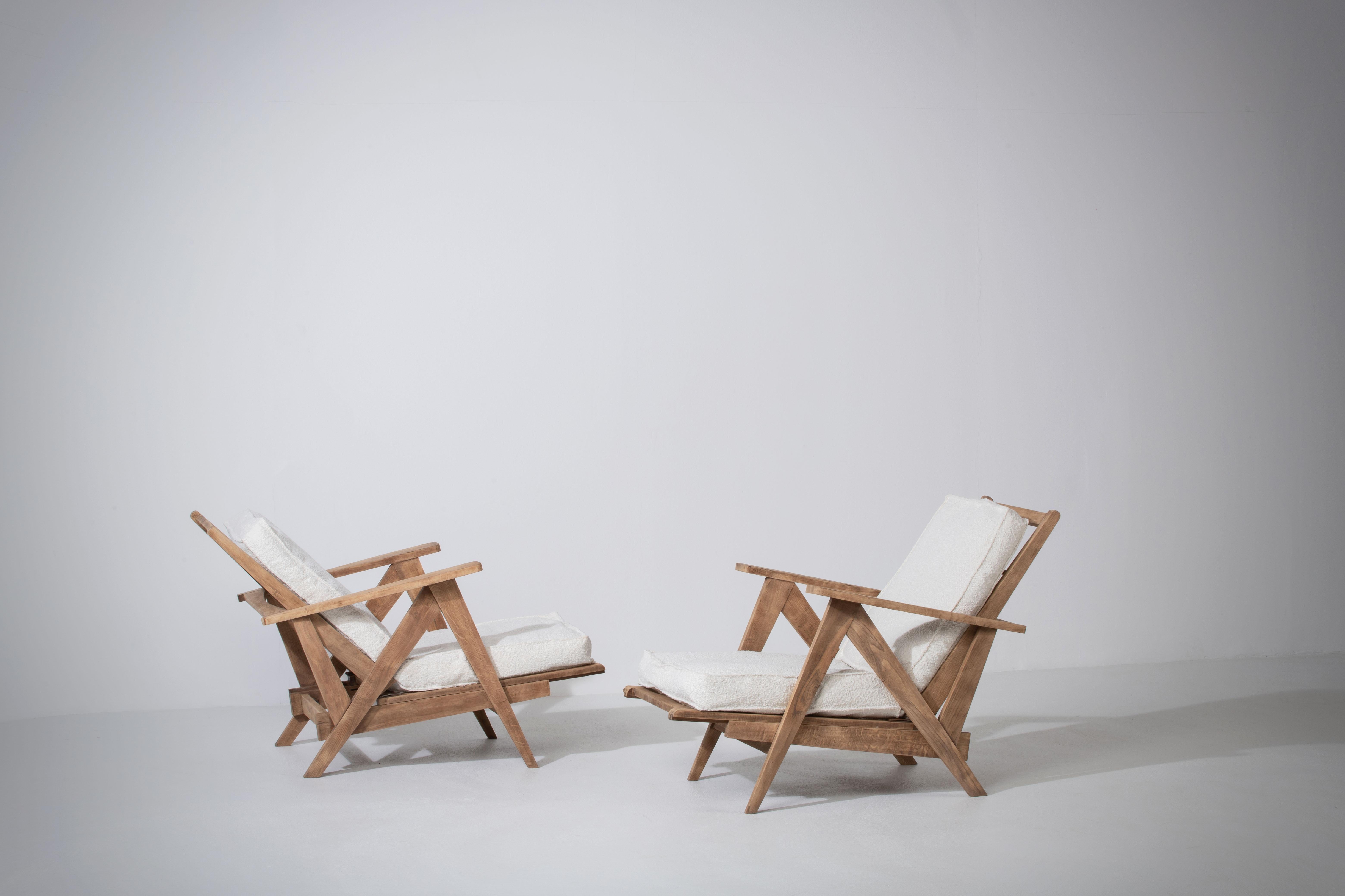 Mid-Century Modern French Reconstruction Pair of Lounge Chairs For Sale