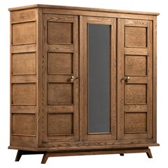 French Reconstruction Three-Door Oak Armoire with Mirror, 1940s