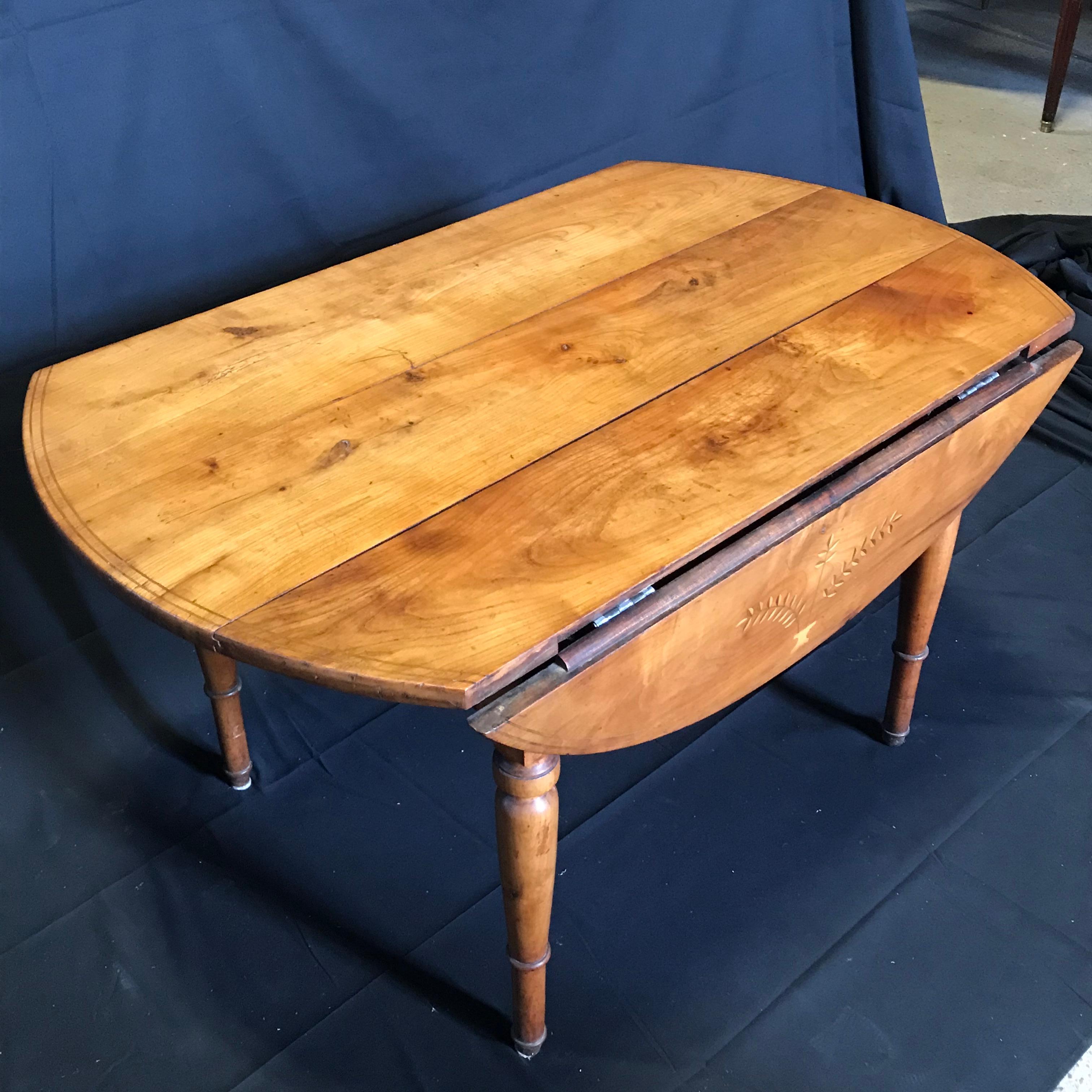 Walnut French Rectangular and Round Table with Marquetry on Leaves