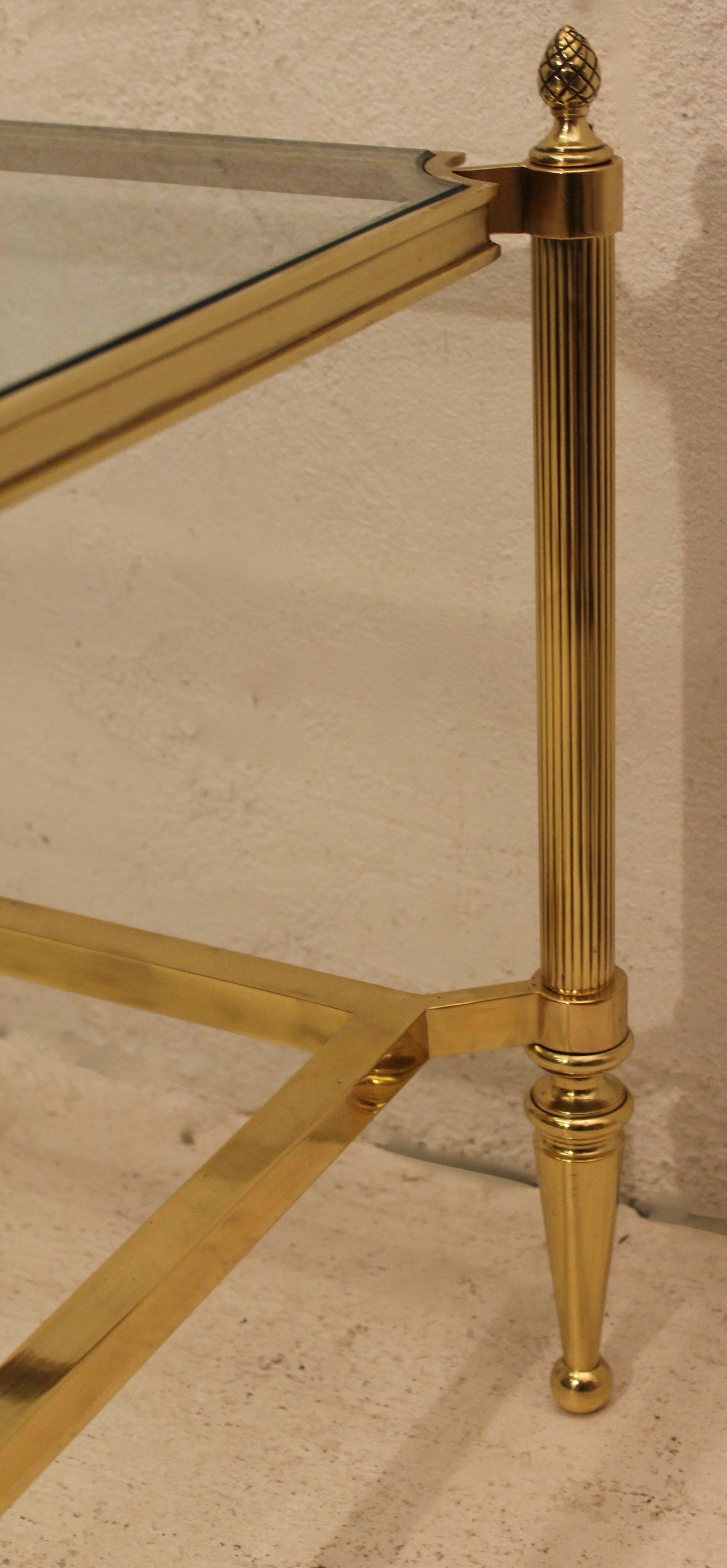 20th Century French Rectangular Brass and Glass Coffee Table with Acorn Finials, circa 1960