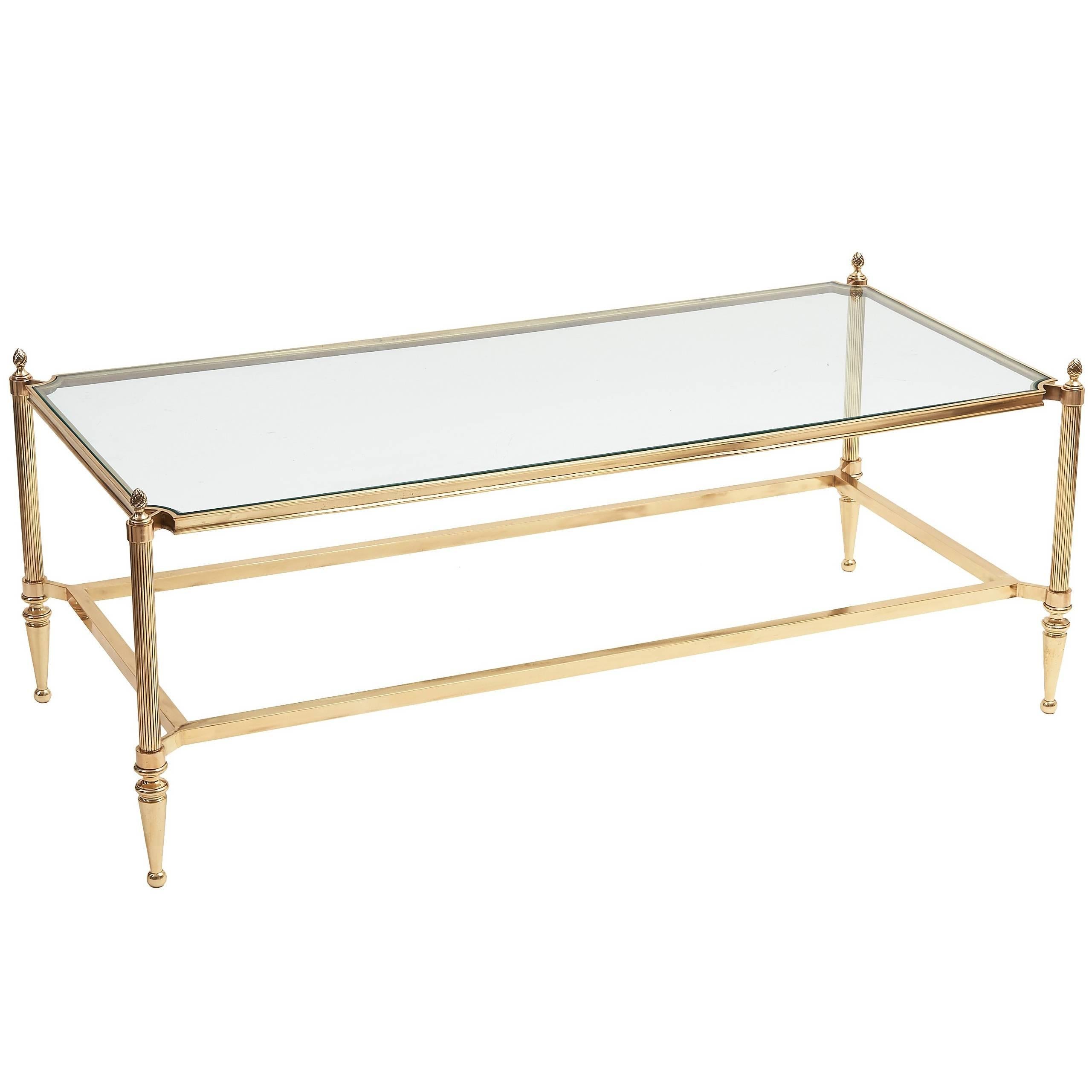 French Rectangular Brass and Glass Coffee Table with Acorn Finials, circa 1960