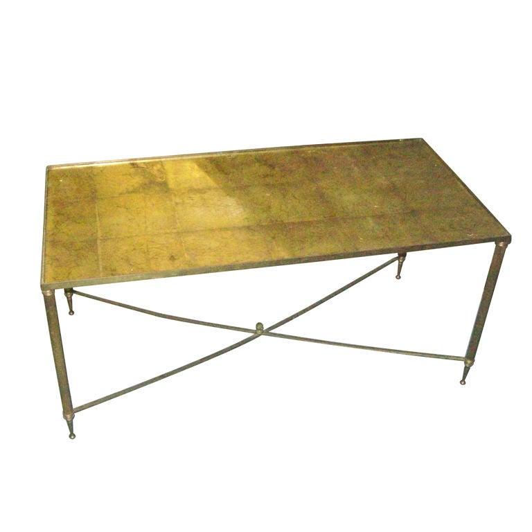 20th Century French Rectangular Brass Coffee Table with Gold-Leafed Glass Top