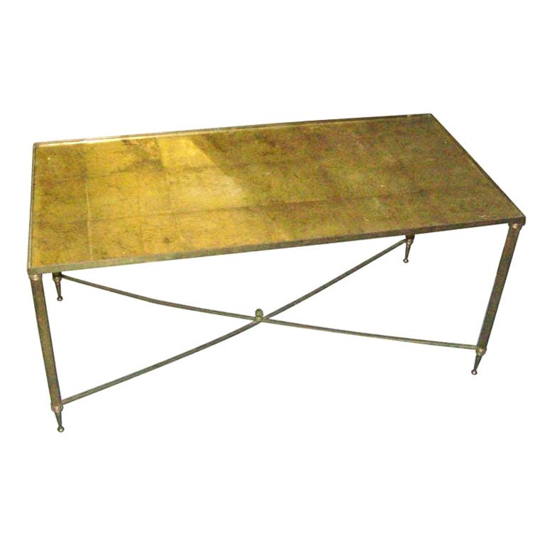 French Rectangular Brass Coffee Table with Gold-Leafed Glass Top