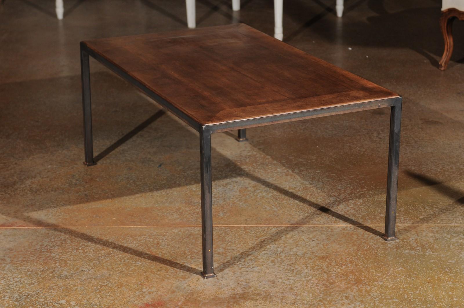 French Rectangular Coffee Table with 19th Century Walnut Top and Iron Base 7