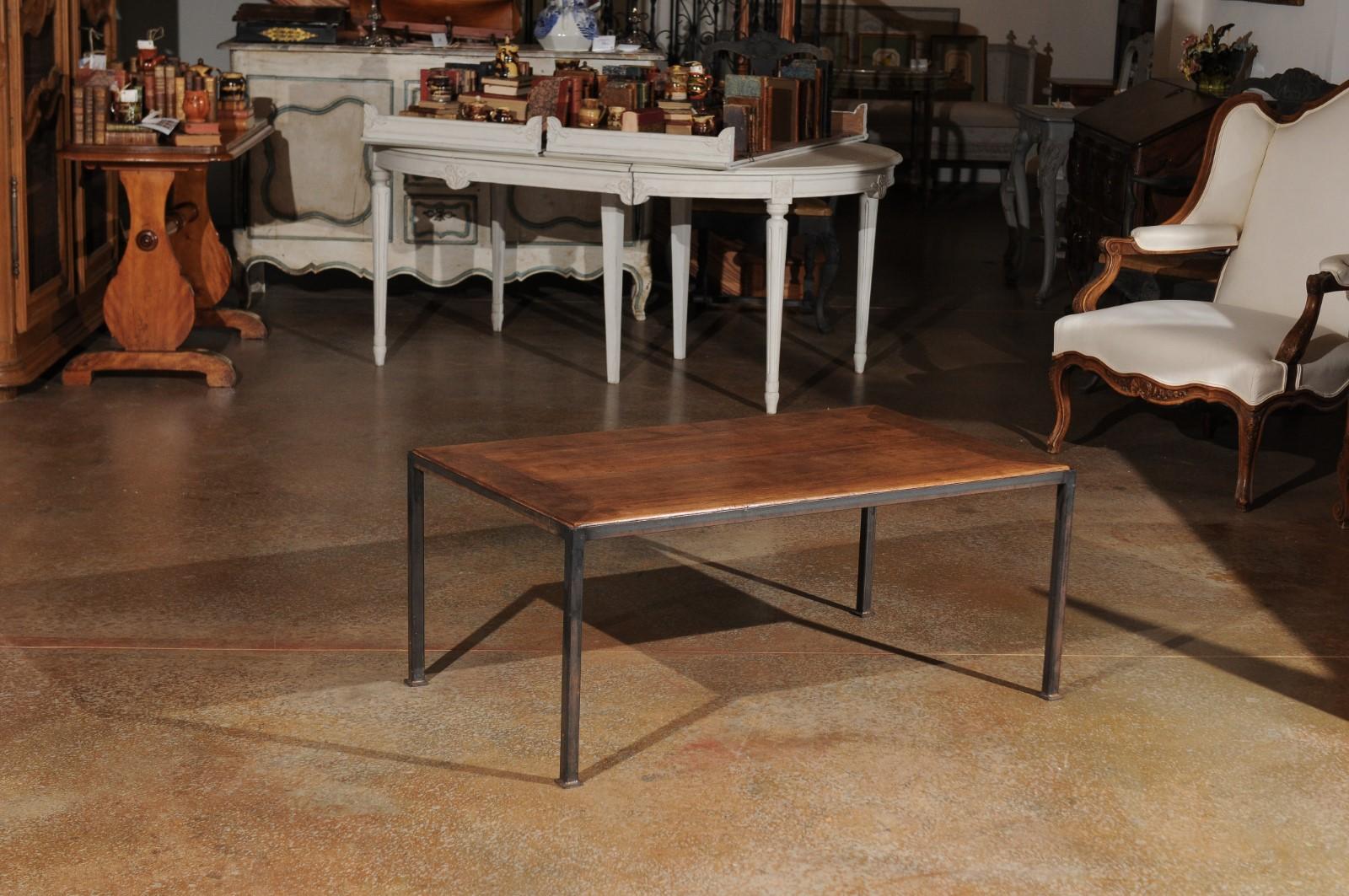 French Rectangular Coffee Table with 19th Century Walnut Top and Iron Base In Good Condition In Atlanta, GA