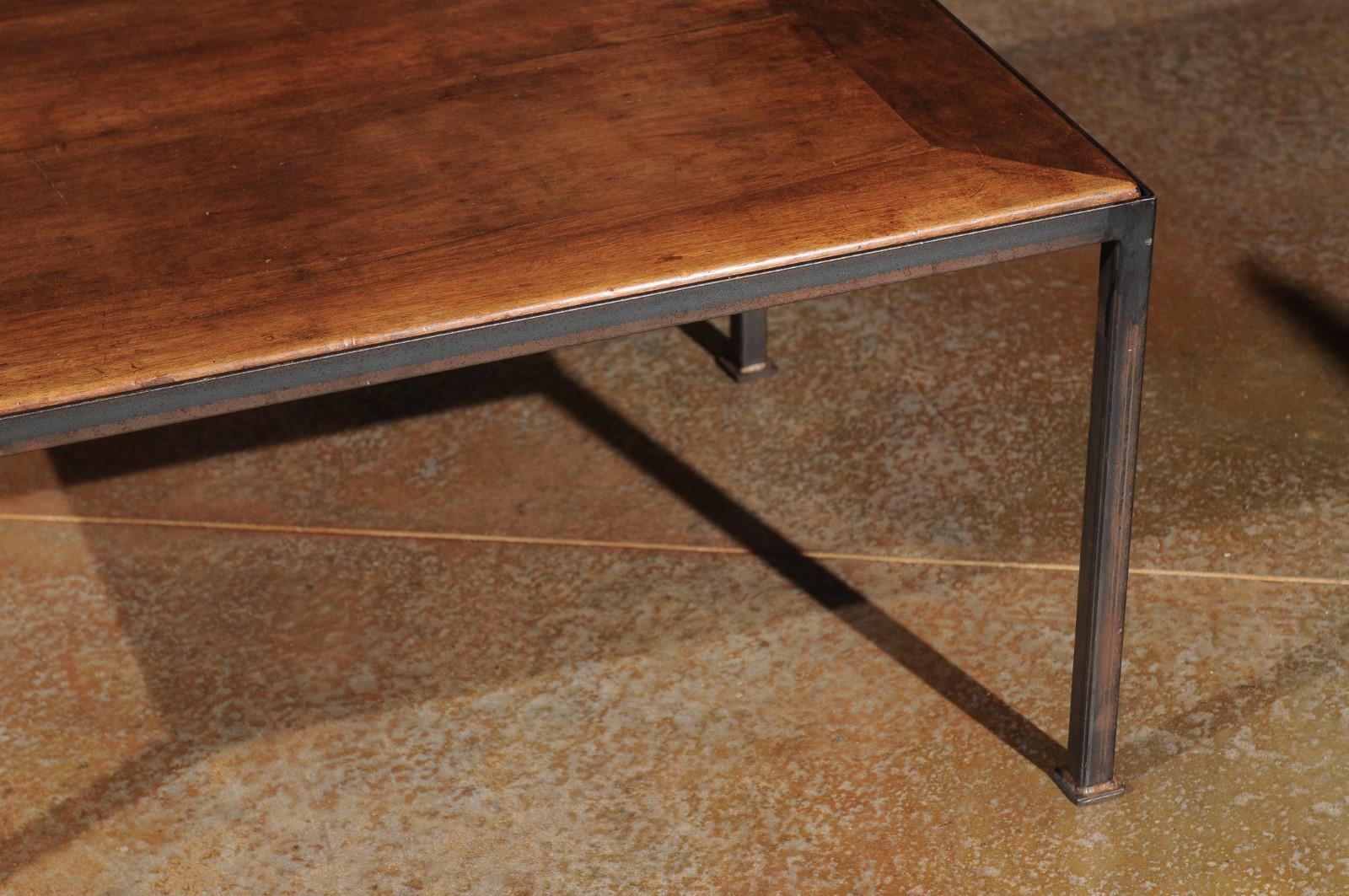 French Rectangular Coffee Table with 19th Century Walnut Top and Iron Base 2