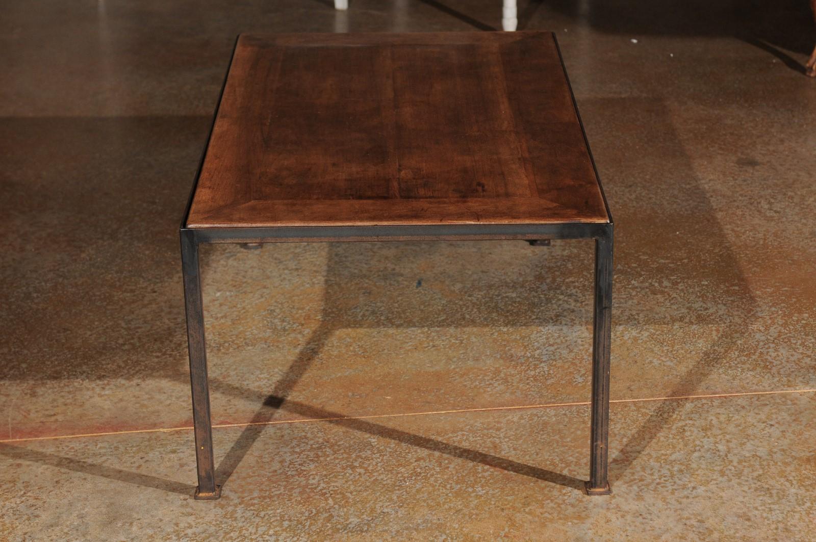 French Rectangular Coffee Table with 19th Century Walnut Top and Iron Base 5
