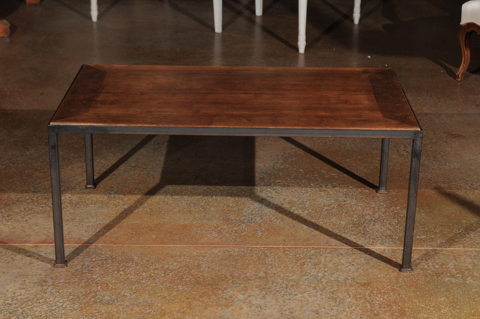 French Rectangular Coffee Table with 19th Century Walnut Top and Iron Base 6