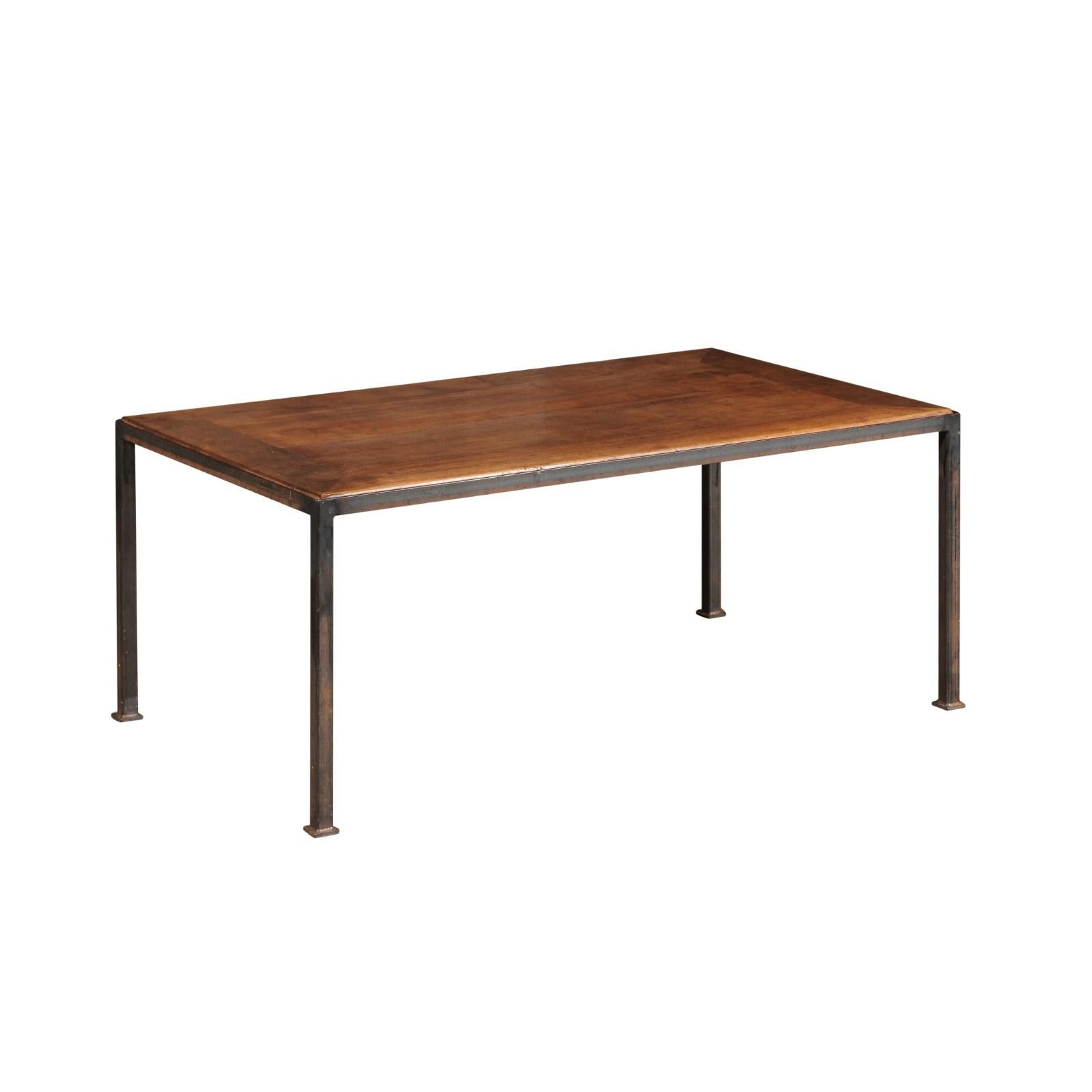 French Rectangular Coffee Table with 19th Century Walnut Top and Iron Base