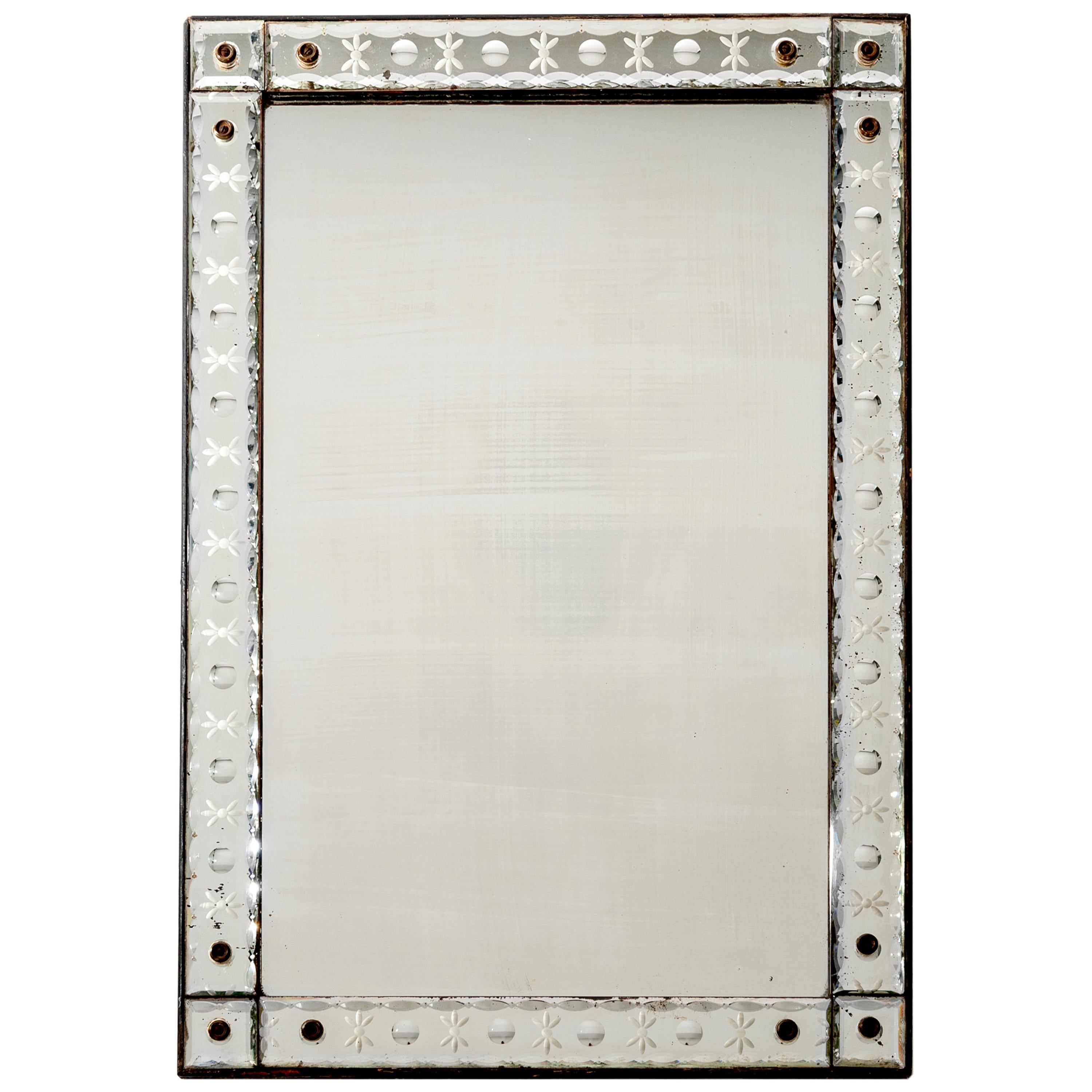 French Rectangular Crystal Mirror with Engraving from the 1940s