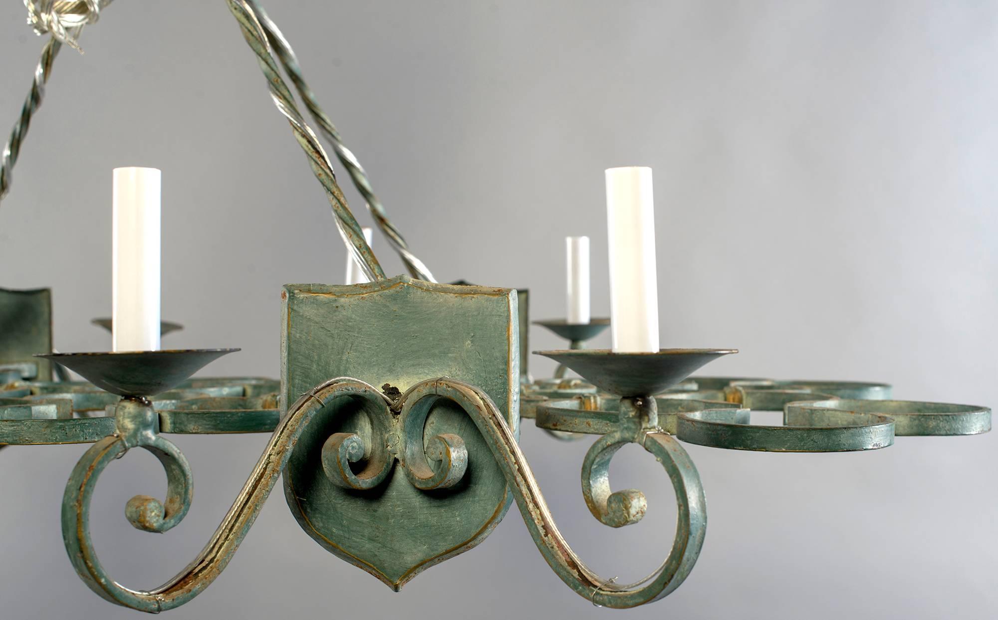 French Rectangular Green Metal Eight Light Chandelier In Good Condition In Troy, MI