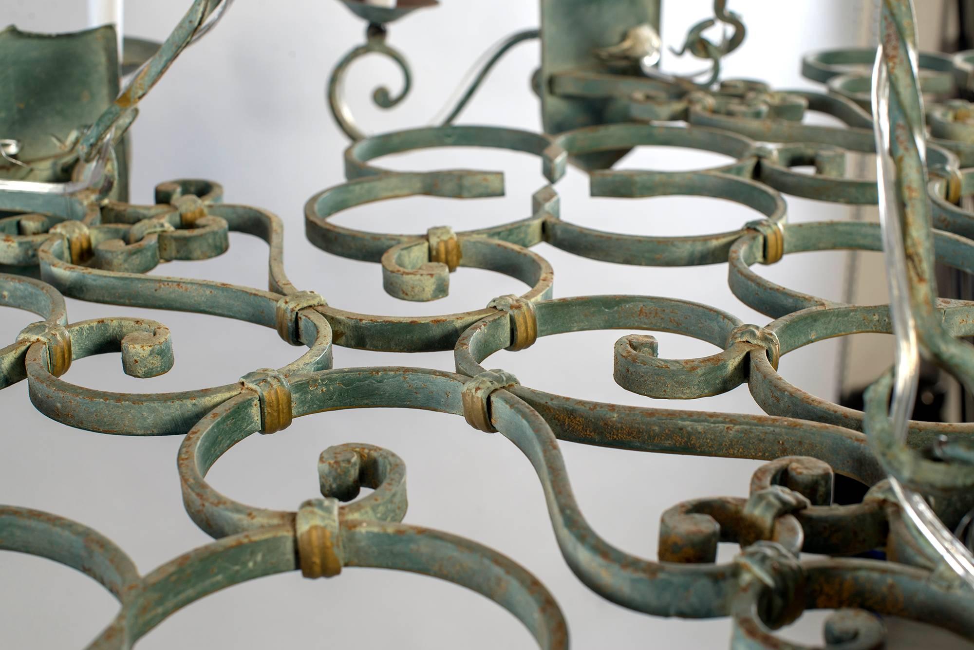 20th Century French Rectangular Green Metal Eight Light Chandelier