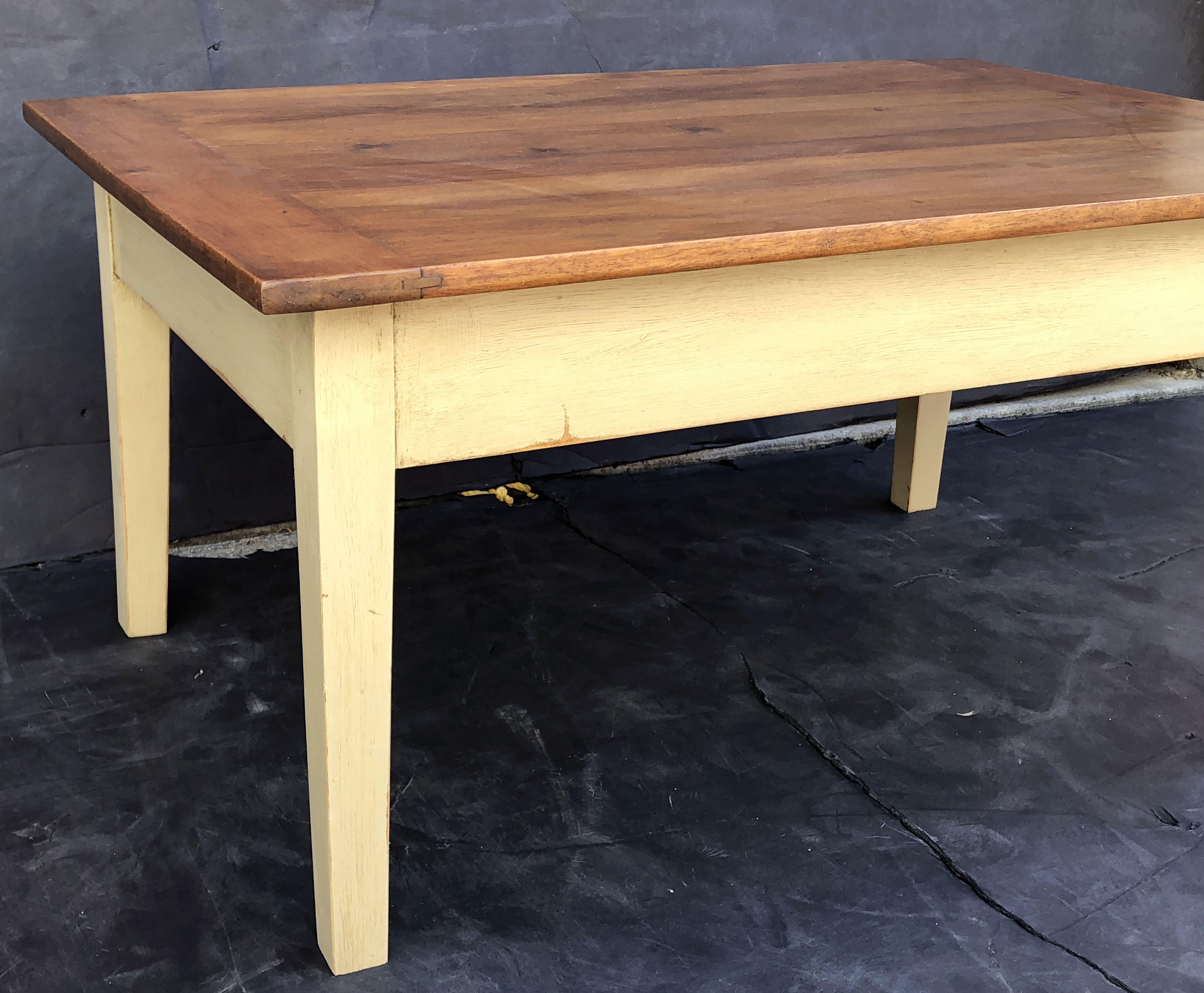 Wood French Rectangular Low Table of Walnut with Painted Base For Sale