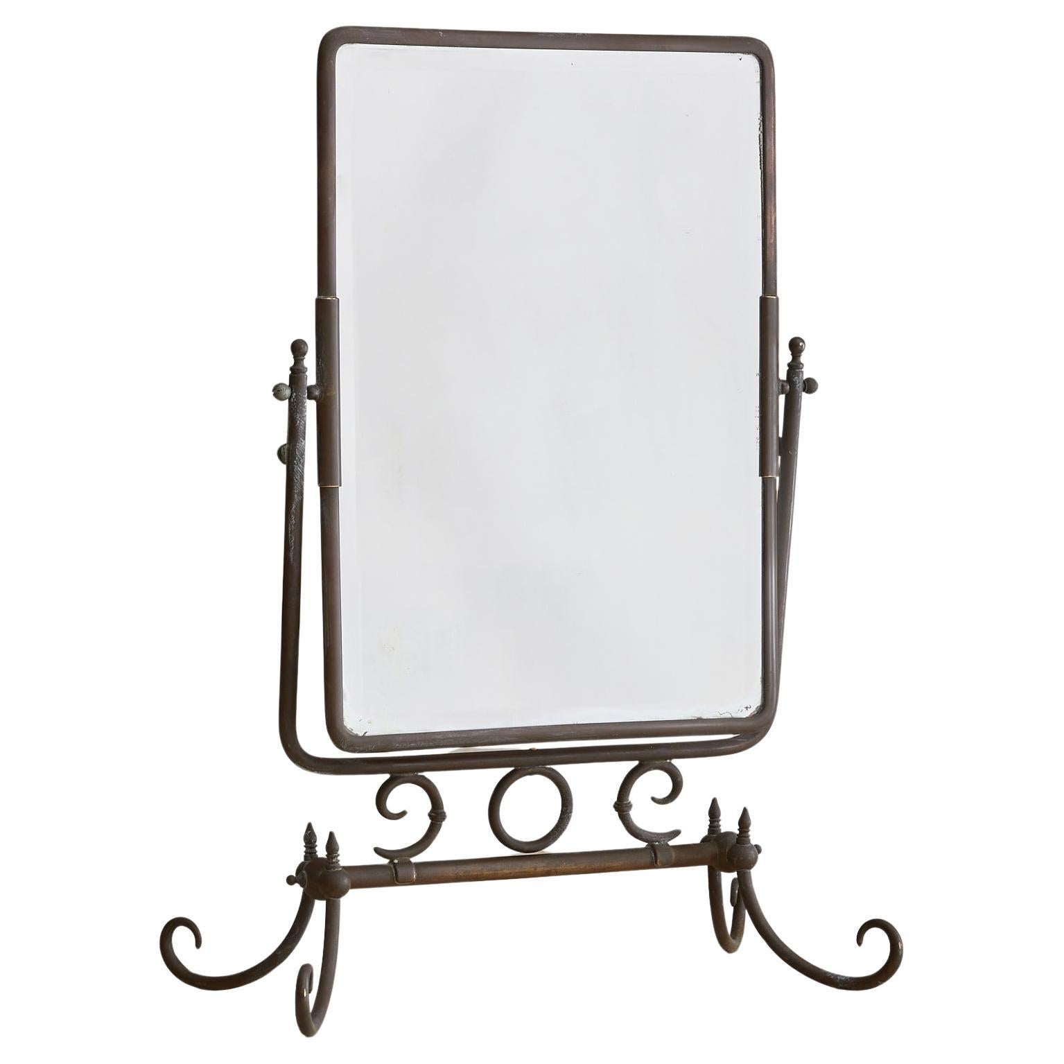 French Rectangular Metal Table Mirror with Scroll Details, 1950s