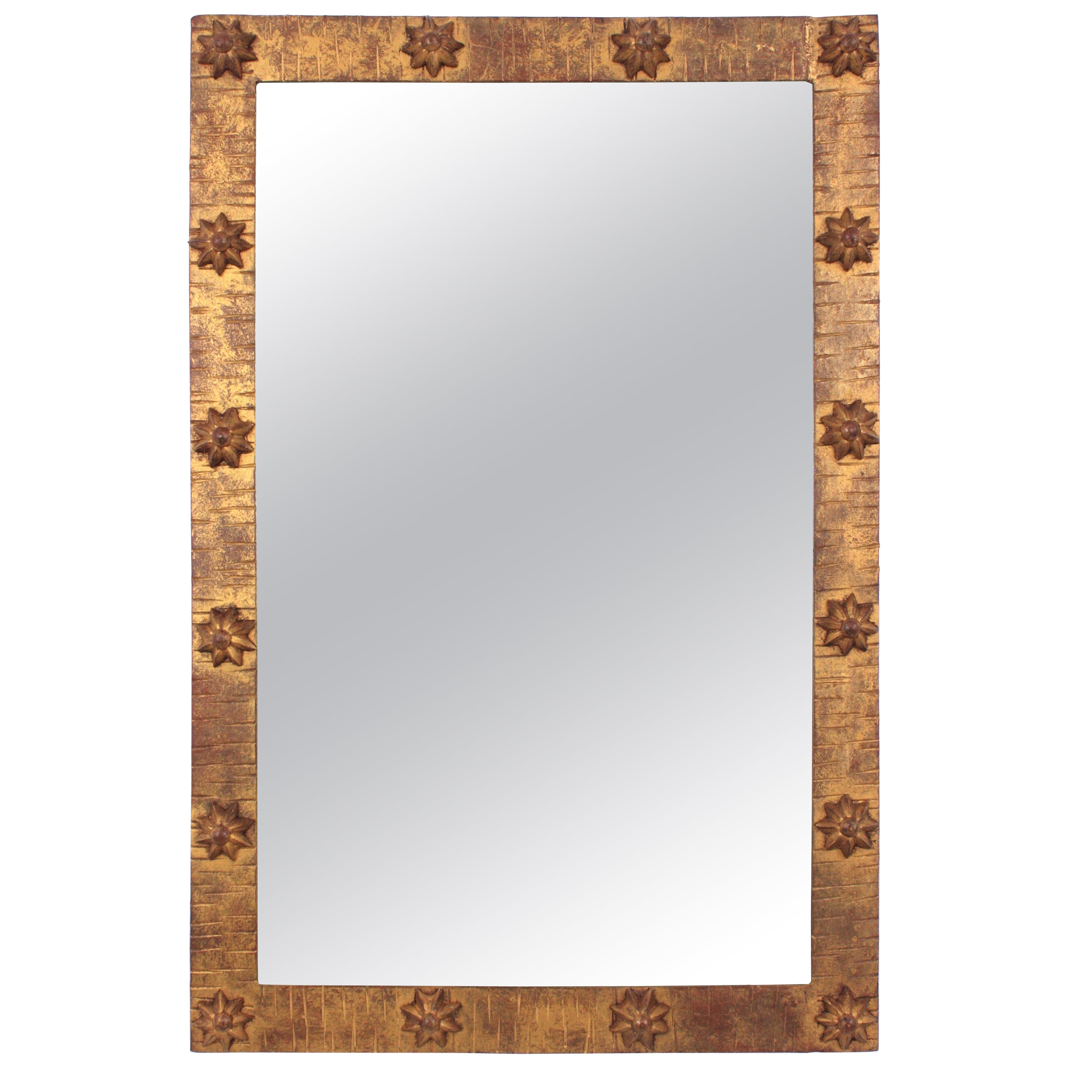 French Rectangular Mirror in Gilt Wrought Iron with Stars Frame, 1940