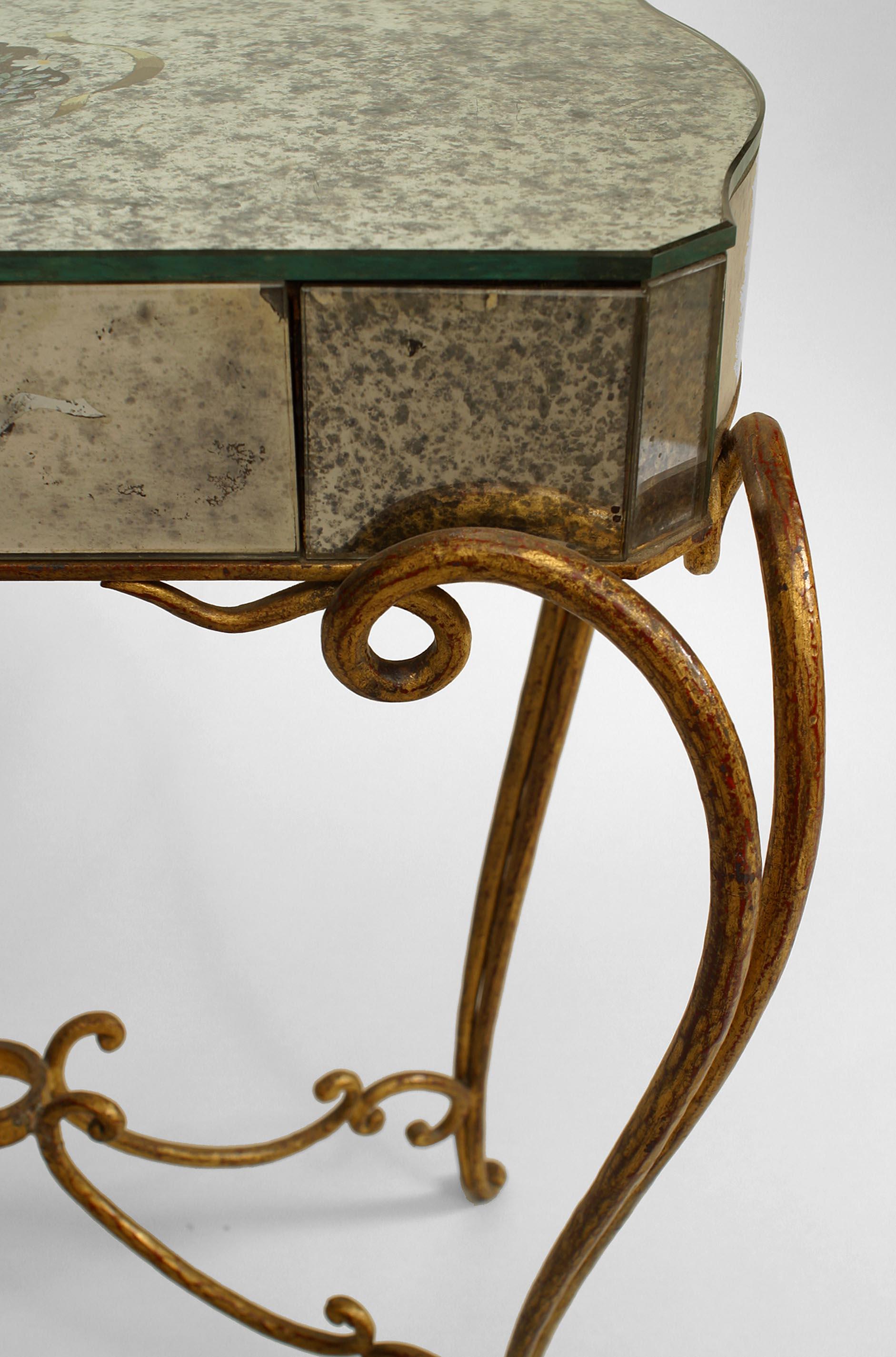French Mid-Century (1940s) rectangular mirrored decorated end table with drawer and gilt scroll legs and stretcher. (Attributed to RENE DROUET/mirror decorated by ADRIEN EKMAN). ref: p. 107, Les Decorateurs des Annees 40
