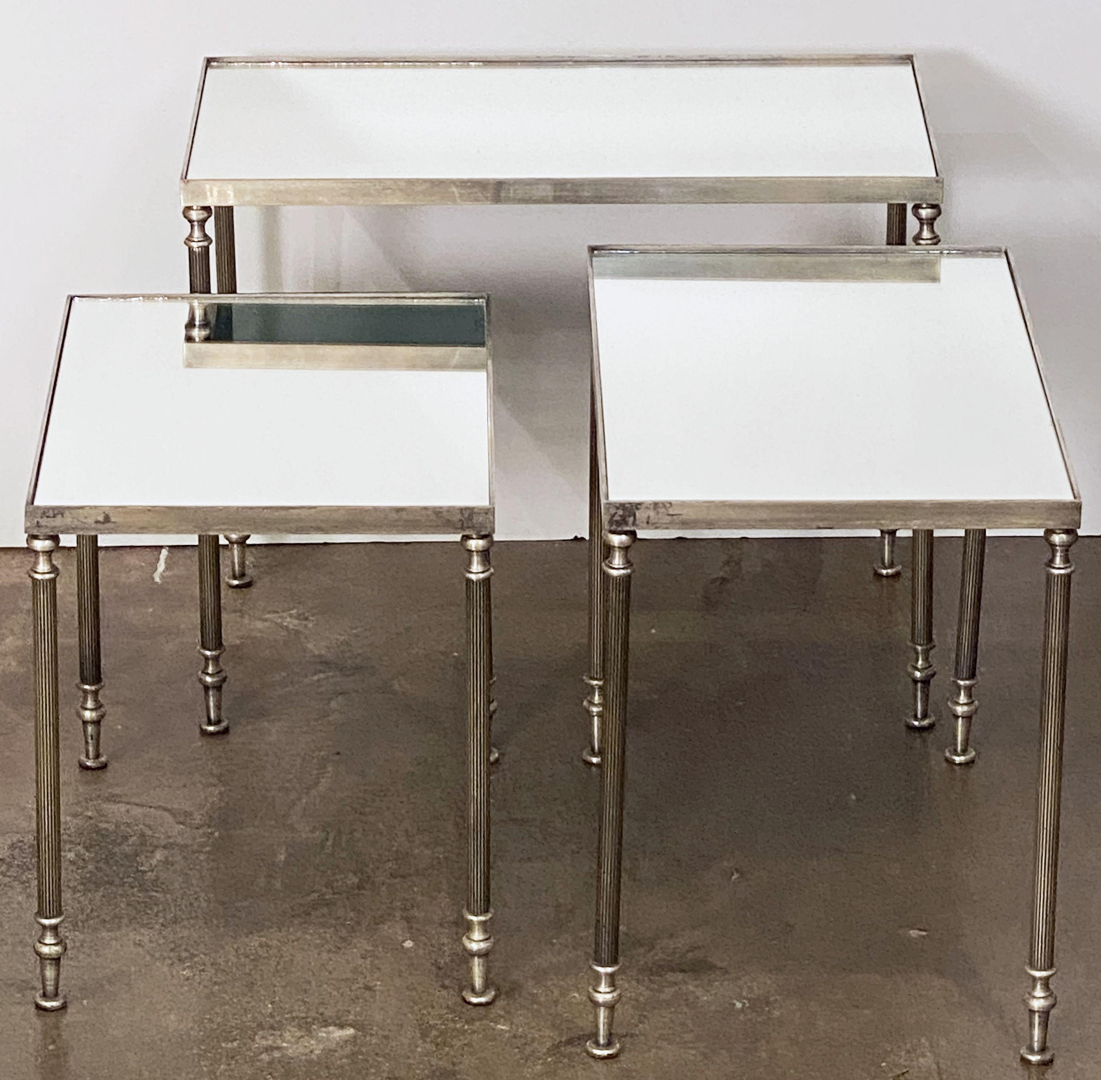 Metal French Rectangular Nesting Tables with Mirrored Glass Tops For Sale