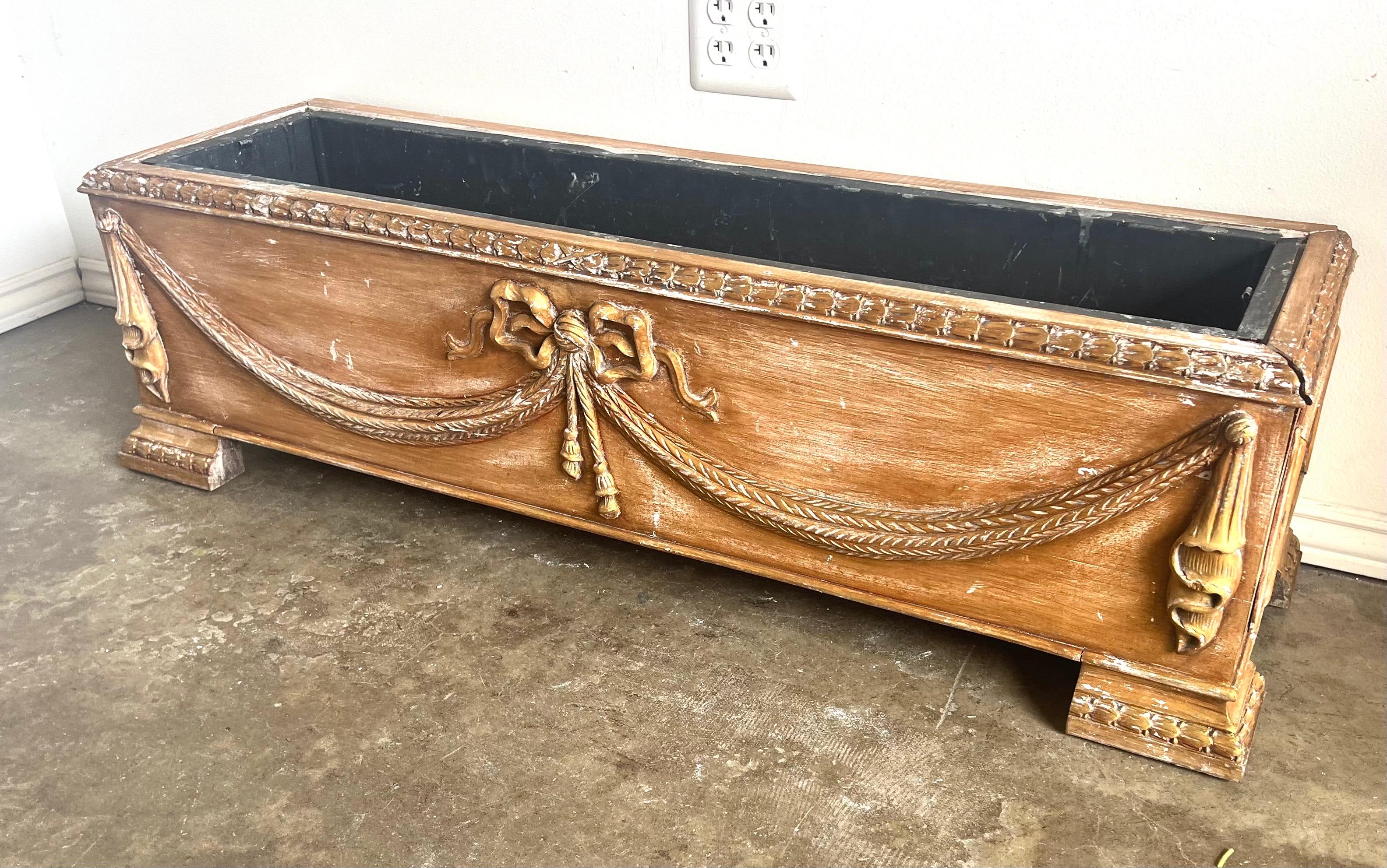 Hand-Carved French Rectangular Shaped Carved Wood Planter w/ Liner For Sale