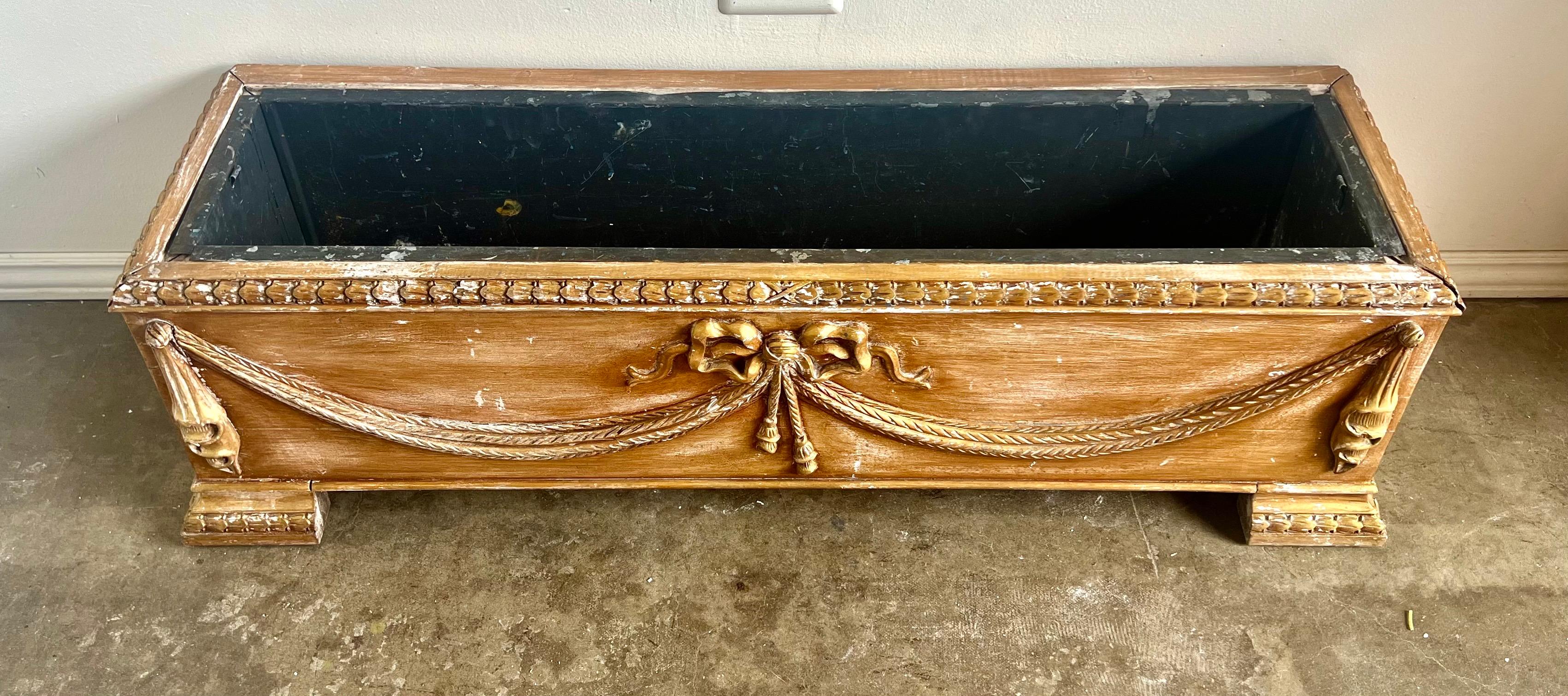 Mid-20th Century French Rectangular Shaped Carved Wood Planter w/ Liner For Sale