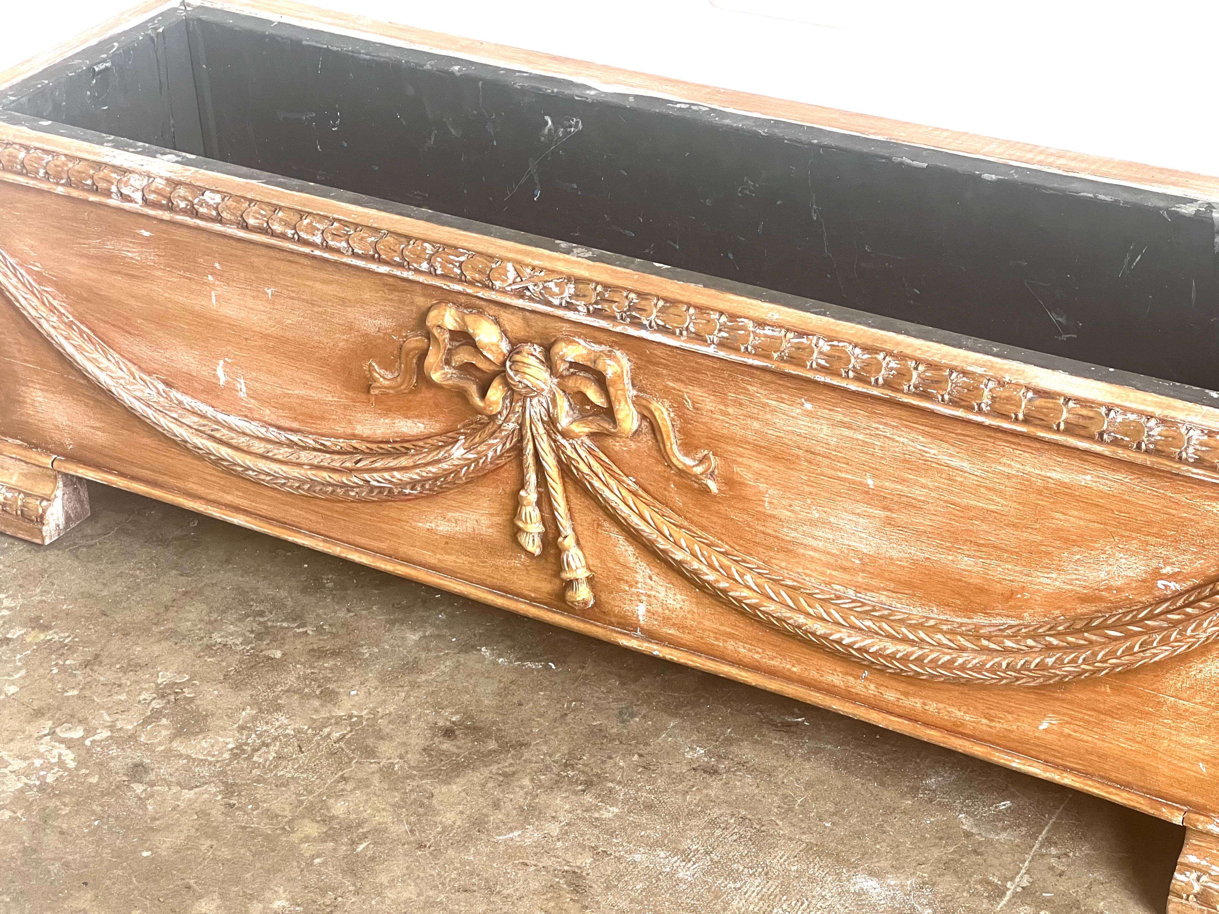 Metal French Rectangular Shaped Carved Wood Planter w/ Liner For Sale