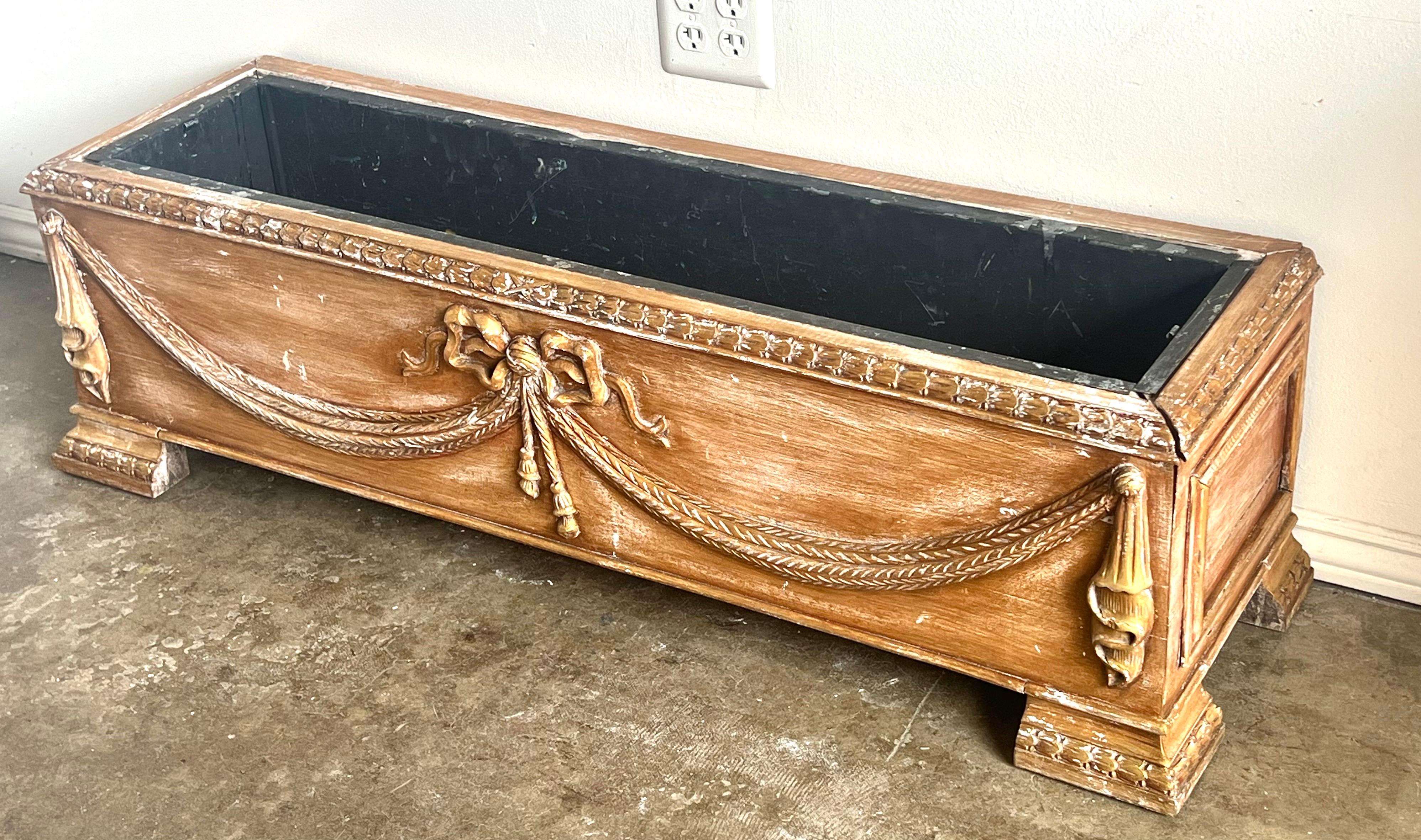 French Rectangular Shaped Carved Wood Planter w/ Liner For Sale 1