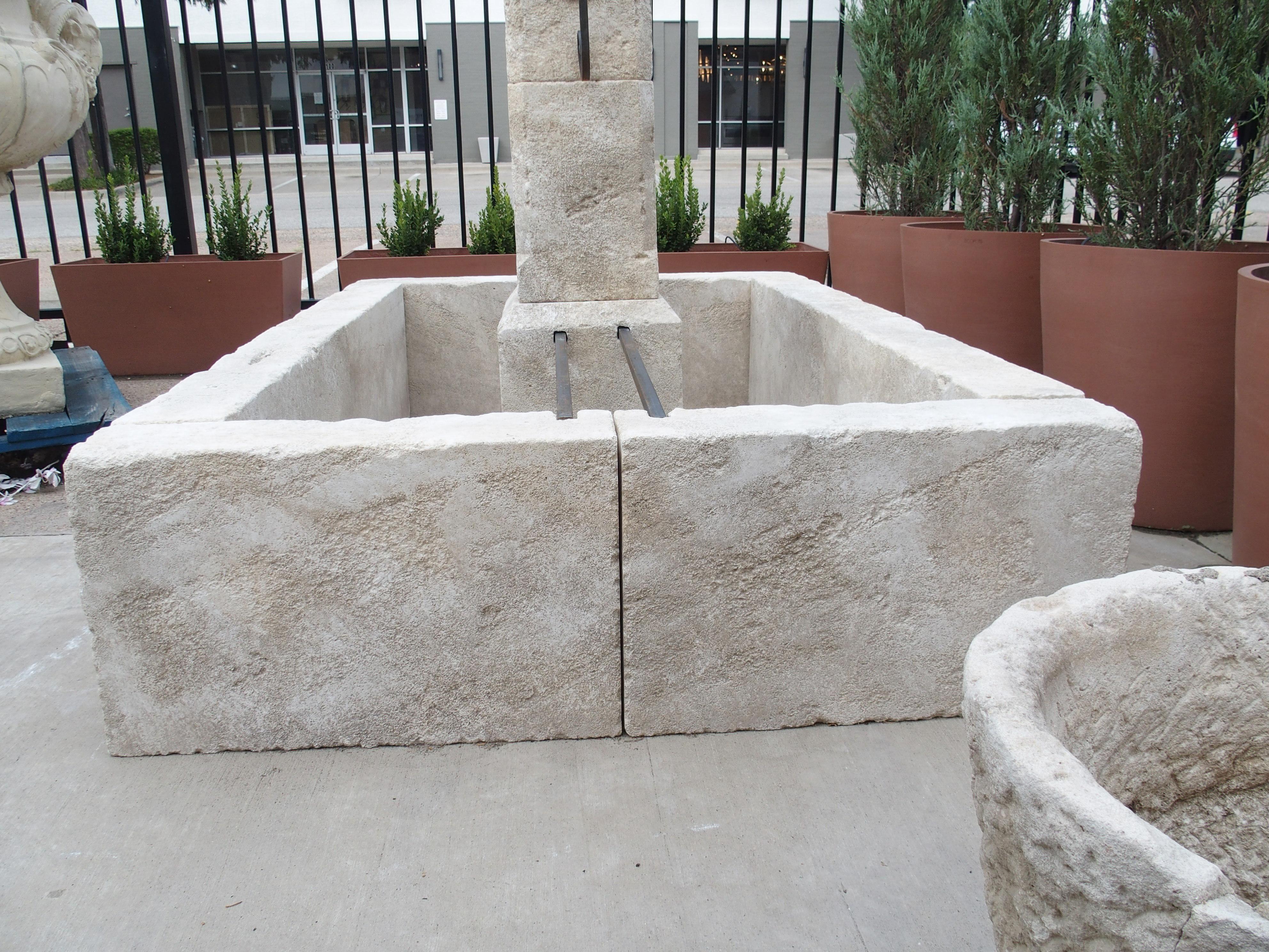Contemporary French Rectangular Two Spout Center Fountain in Carved Limestone